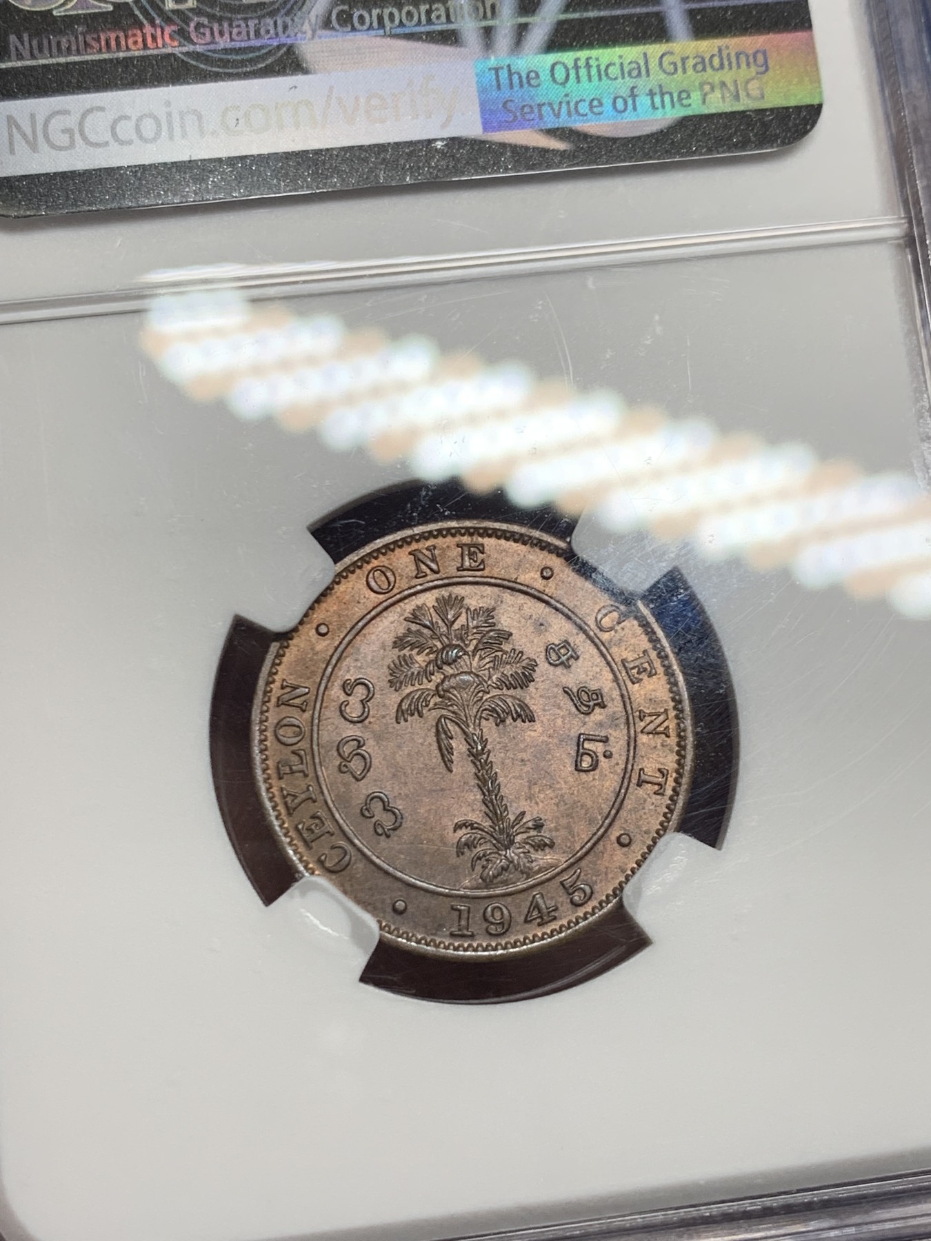 《竞宝斋》第235场-周日，周一，周二，周三 疯狂4连拍 (全场包邮) NGC  MS65RB 1945年英属锡兰1分铜币  亚军分，更高分还有一枚66