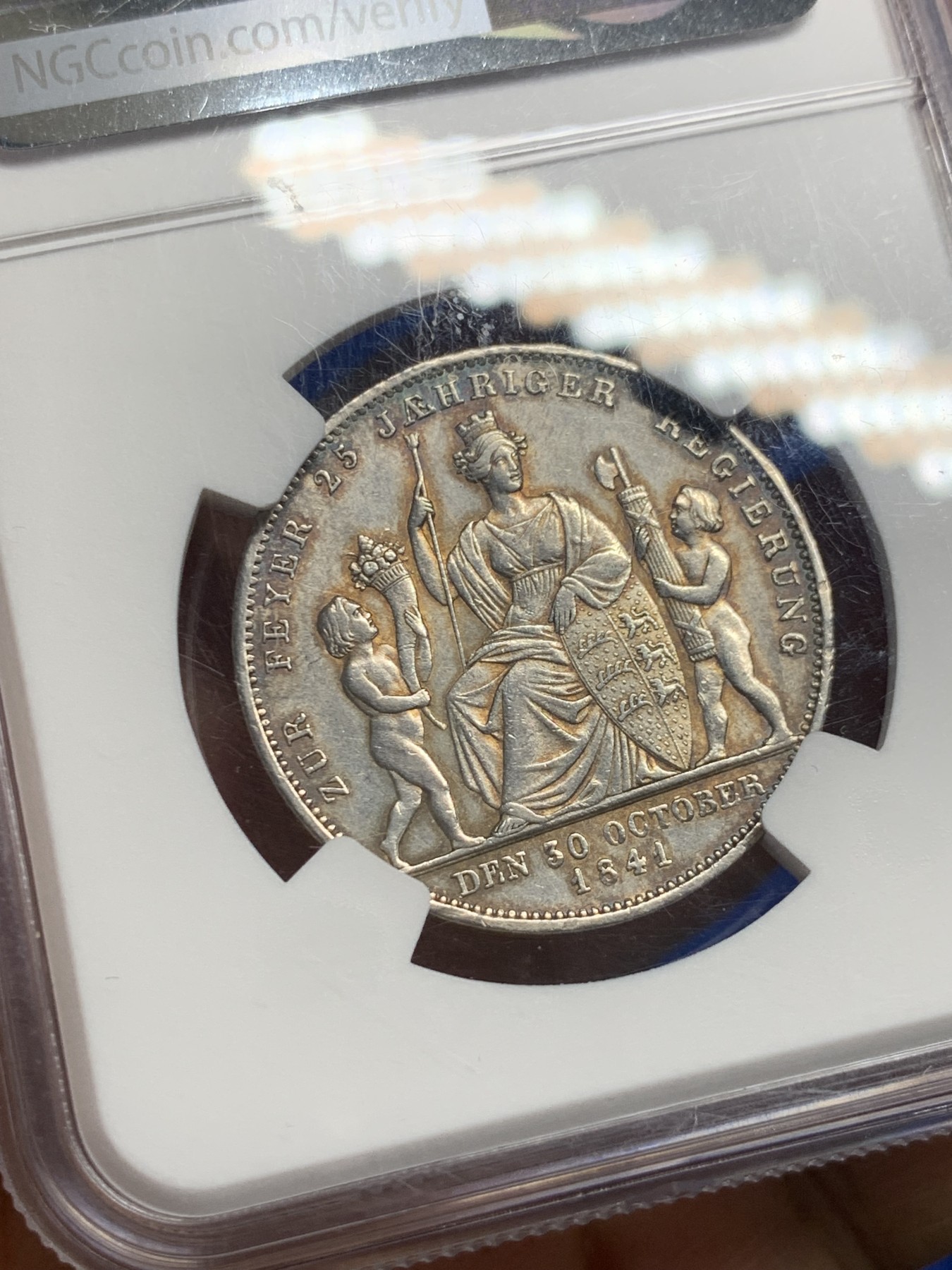 《竞宝斋》第235场-周日，周一，周二，周三 疯狂4连拍 (全场包邮) NGC-AUD 德国 1841年 符腾堡登基25周年纪念 1盾银币 没有明显清洗痕，可以重评试一试