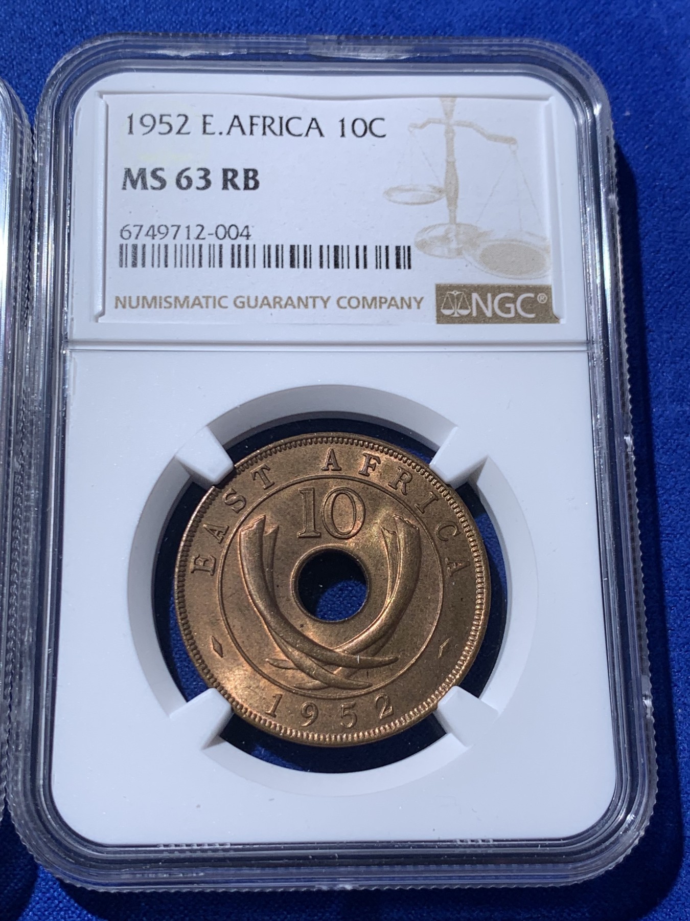 《竞宝斋》第235场-周日，周一，周二，周三 疯狂4连拍 (全场包邮) 3枚一组 NGC  MS63RB 1952年英属东非1、5、10分铜币 清版三枚套 品相都不错