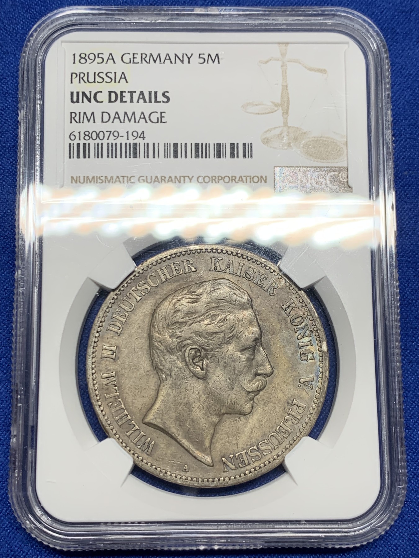 《竞宝斋》第235场-周日，周一，周二，周三 疯狂4连拍 (全场包邮) NGC-UNC 德国普鲁士 1895年 5马克 威廉二世长翅鹰A版 银币