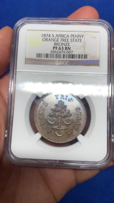 《竞宝斋》第235场-周日，周一，周二，周三 疯狂4连拍 (全场包邮) NGC PF63 南非 1874 奥兰治自由邦 稀少品种 自由数高点无磨损 PF 底板难得状态