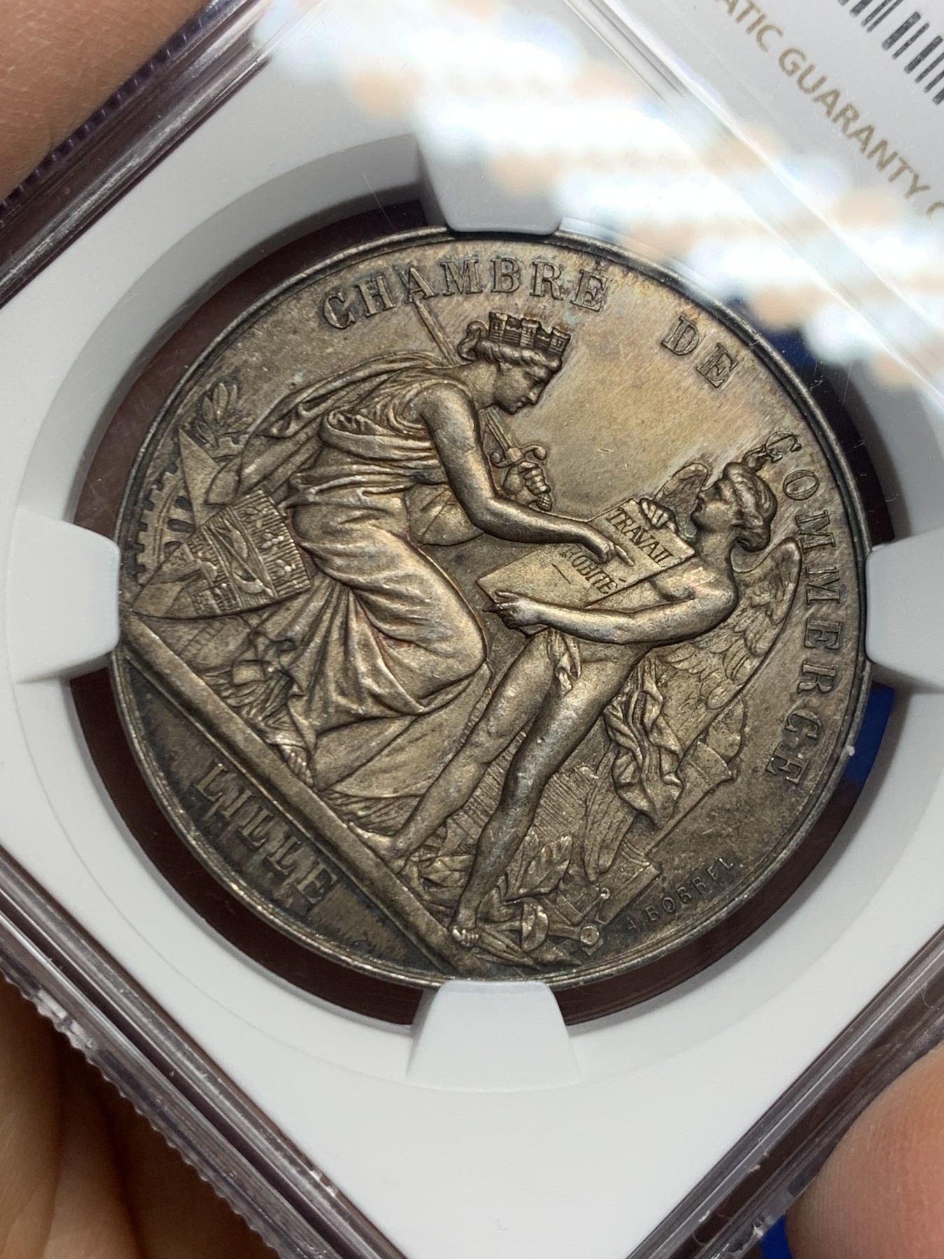 《竞宝斋》第237场- 周日，周一，周二，周日 疯狂4连拍 (全场包邮) NGC-MS63 法国银质代币，里尔商会，带初铸纹