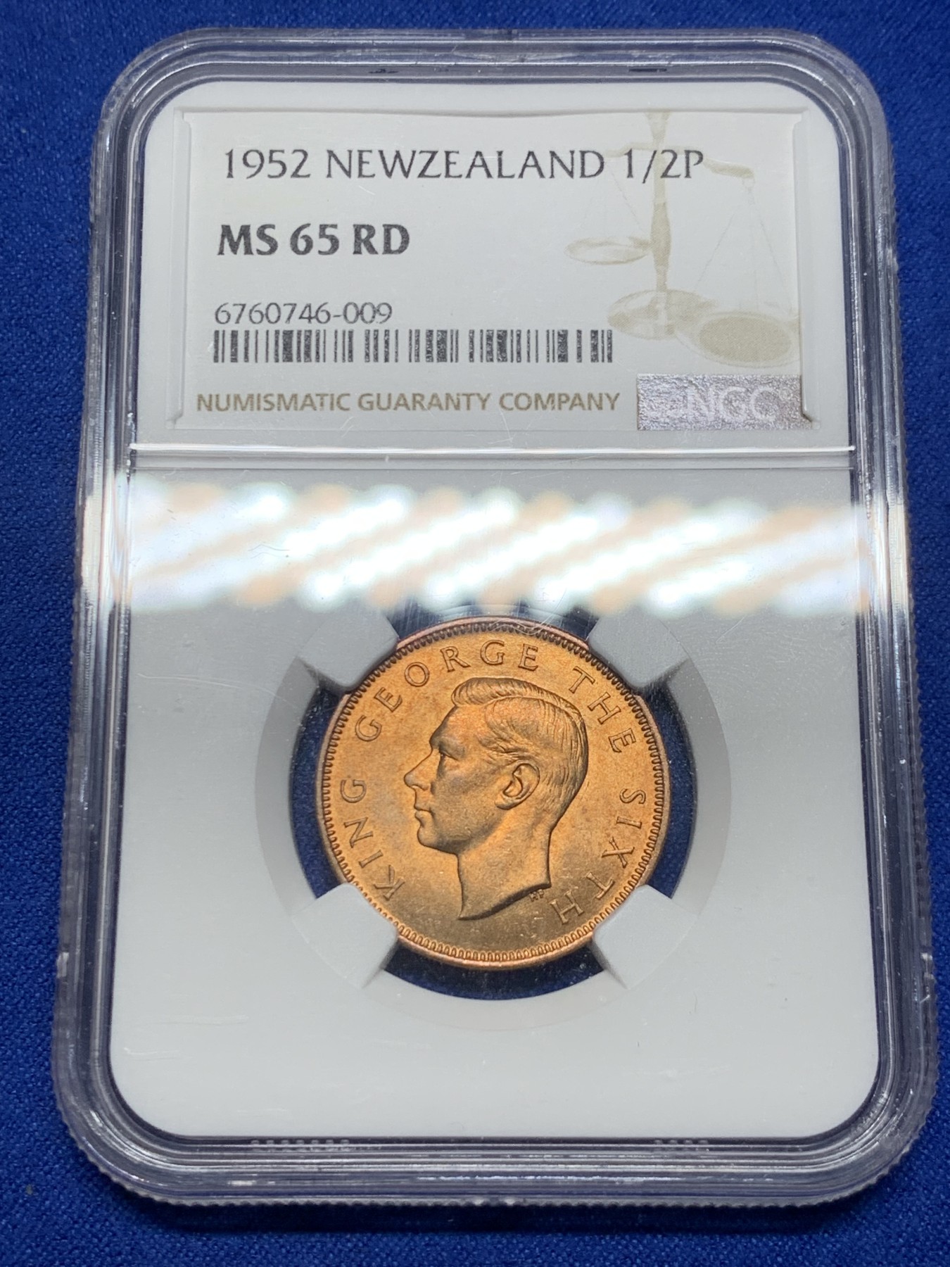 《竞宝斋》第235场-周日，周一，周二，周三 疯狂4连拍 (全场包邮) NGC MS65RD 新西兰1952年乔治六世皇帝统治最后一年，原铜光RD品质