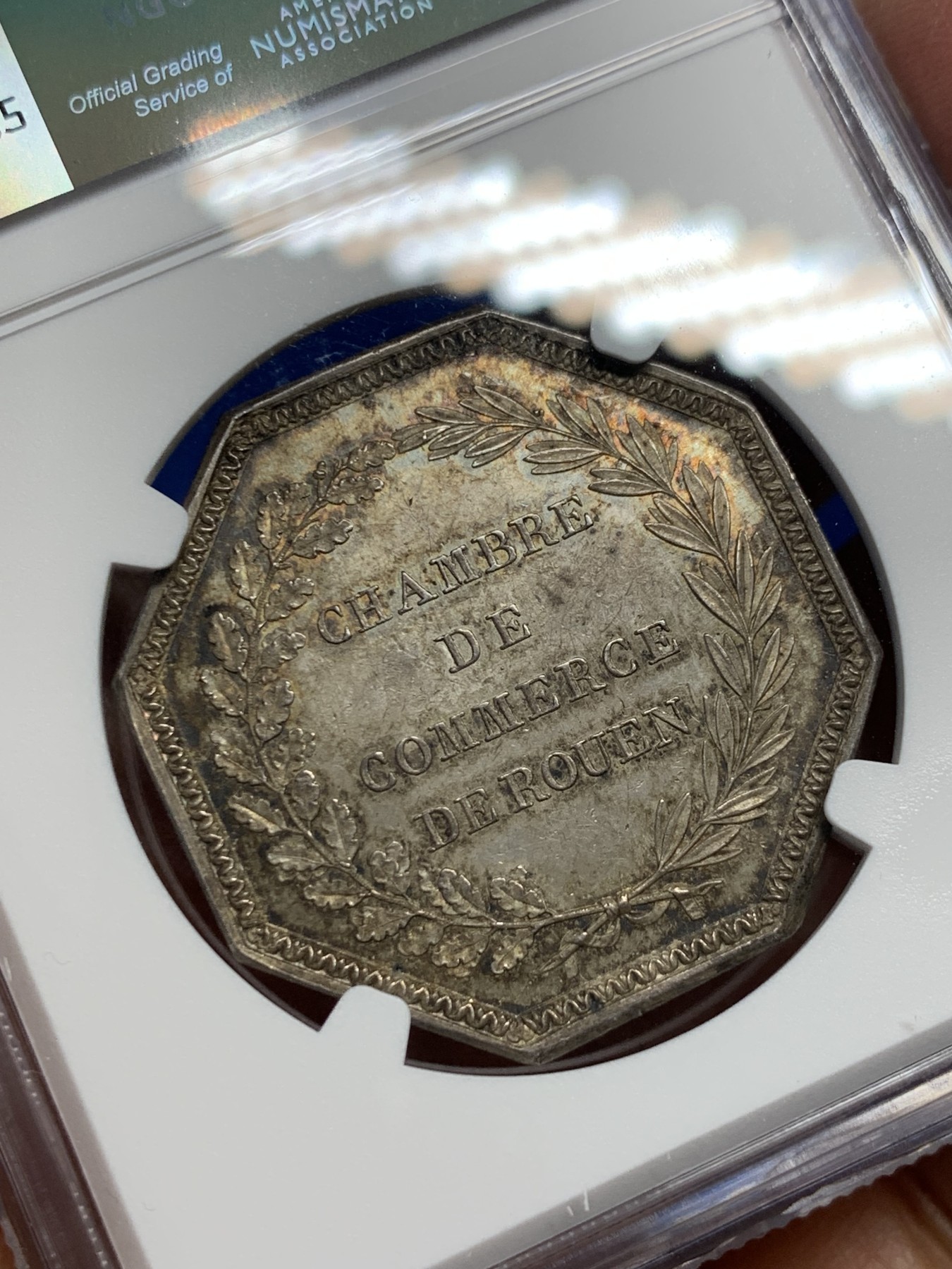 《竞宝斋》第237场- 周日，周一，周二，周日 疯狂4连拍 (全场包邮) NGC-MS64 法国鲁昂商会八角银质代币，鲁昂城上飞天的墨丘利福泽全城