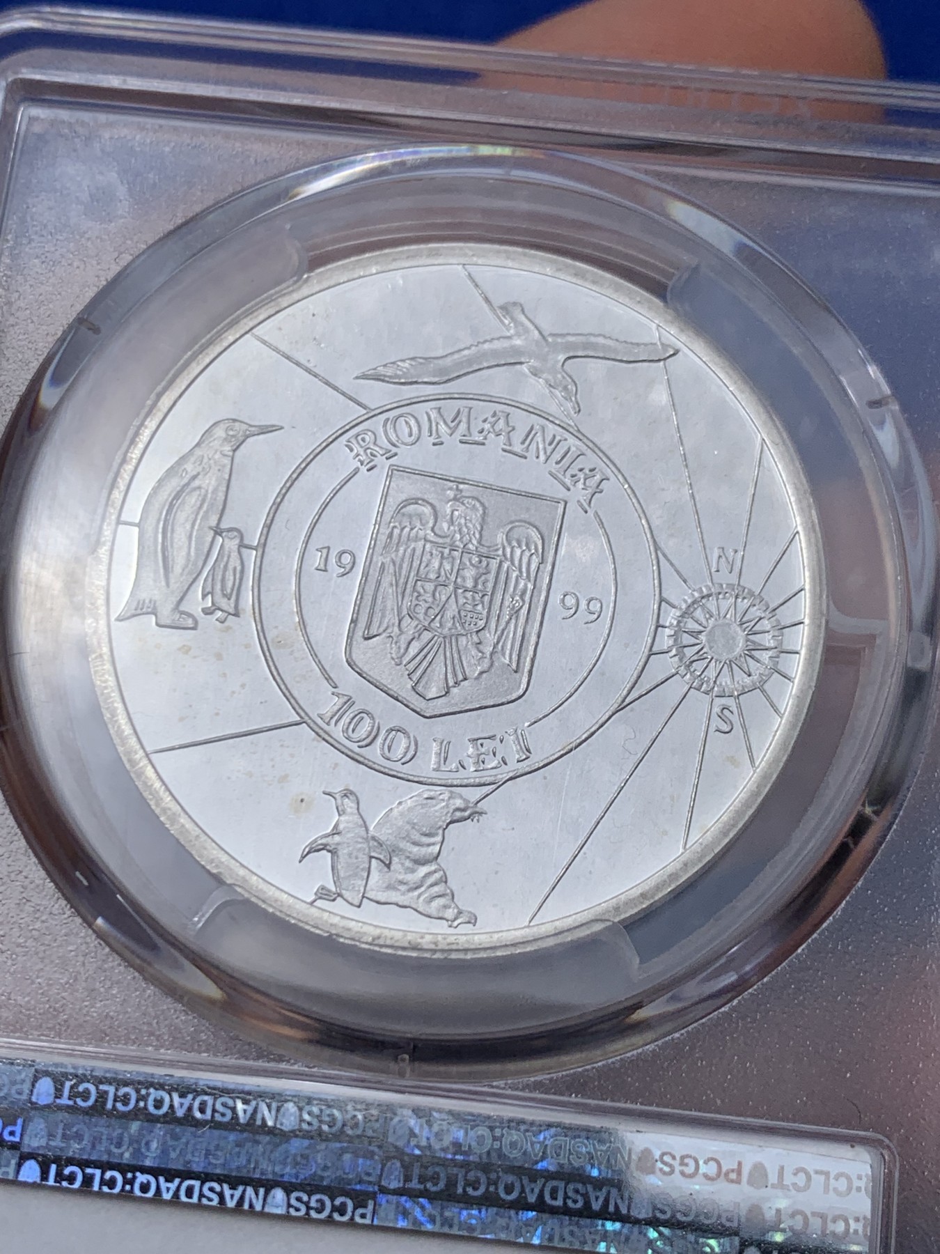 《竞宝斋》第235场-周日，周一，周二，周三 疯狂4连拍 (全场包邮) PCGS金盾 PR67DCAM 罗马尼亚1999年比利时号极地探险百年纪念100列伊精制大银币，亚军分