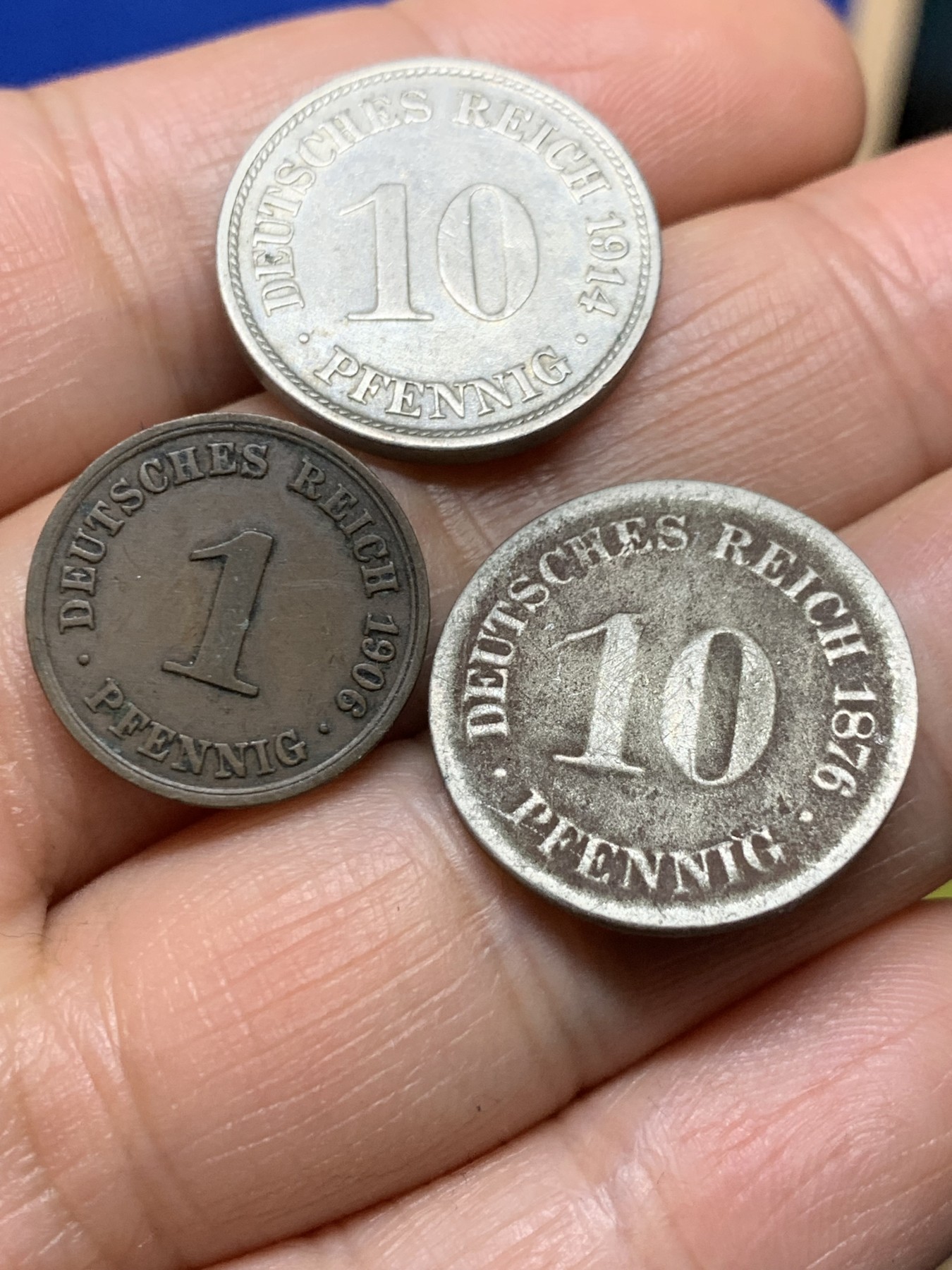 《竞宝斋》第235场-周日，周一，周二，周三 疯狂4连拍 (全场包邮) 3枚一组 1916年德国第二帝国1芬尼铜币+1876年/1915年德国第二帝国10芬尼铜镍币