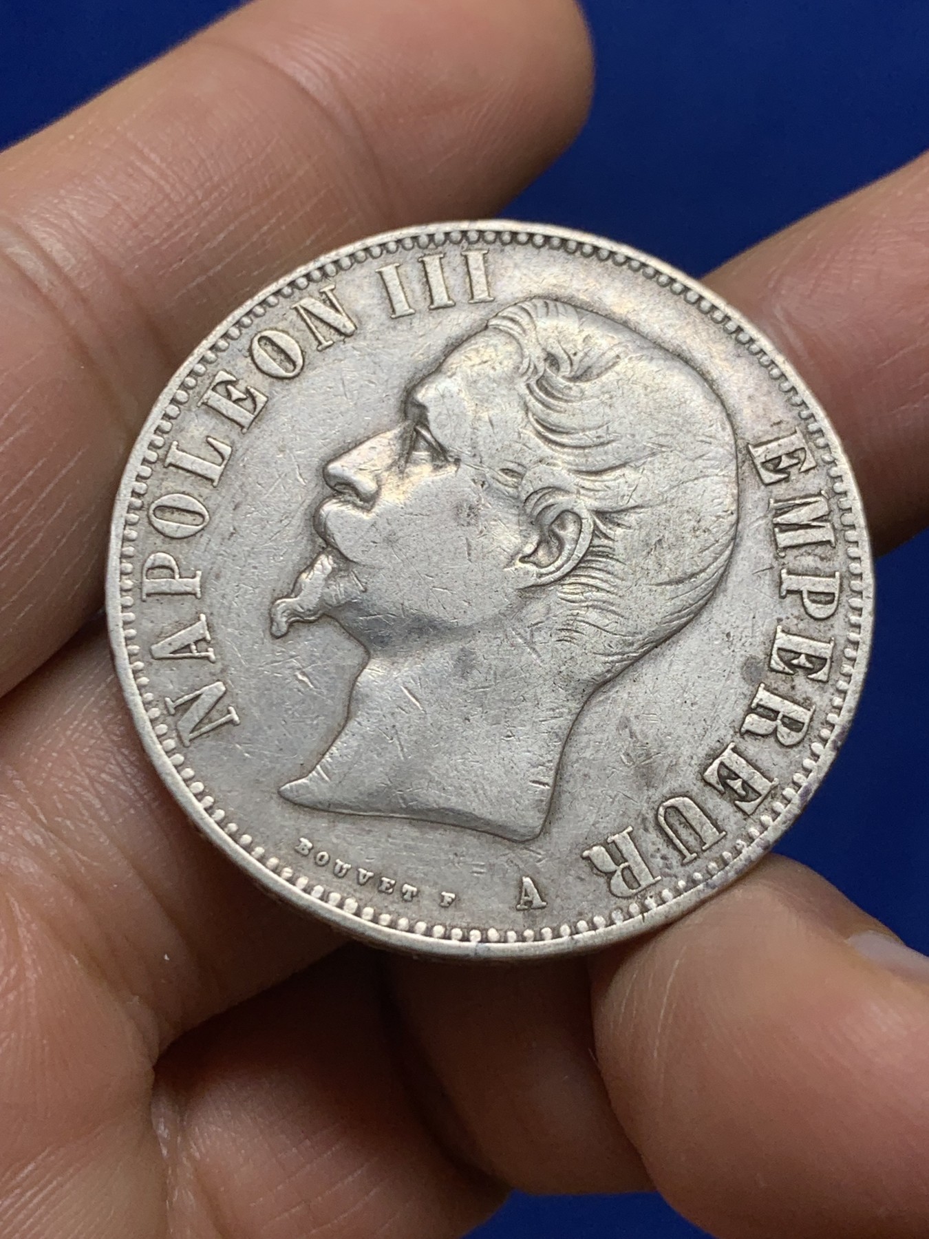 《竞宝斋》第235场-周日，周一，周二，周三 疯狂4连拍 (全场包邮) 1855年法国拿破仑三世皇帝小头版5法郎银币 背面鹰版 非常好的品种 细节见图