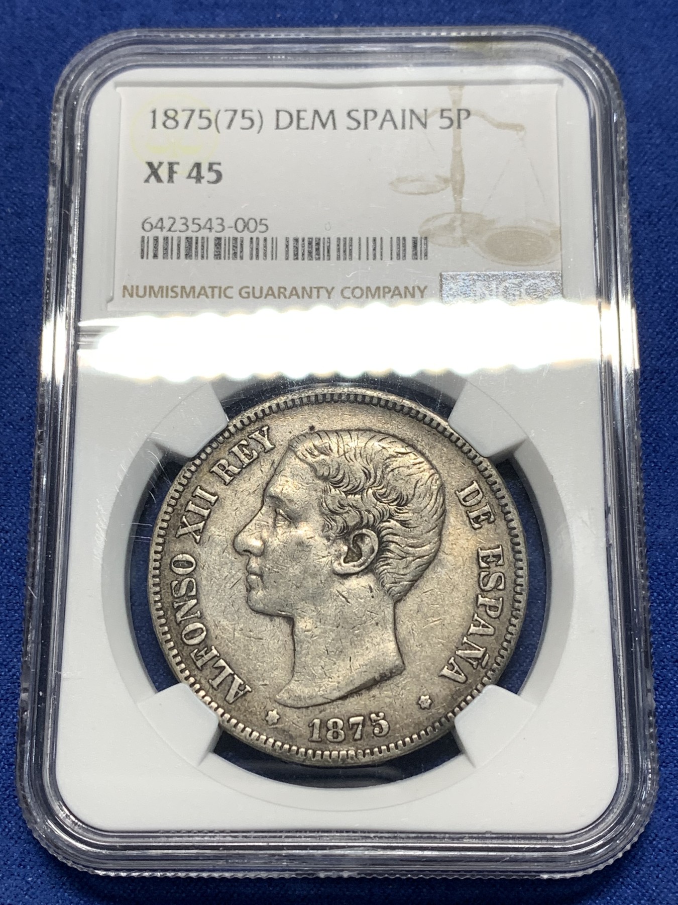 《竞宝斋》第235场-周日，周一，周二，周三 疯狂4连拍 (全场包邮) NGC-XF45，西班牙1875（75）年阿方索十二世5比塞塔银币，通货好品