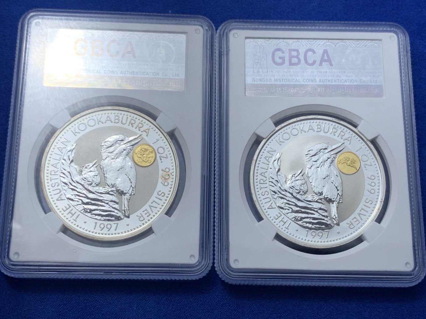 《竞宝斋》第235场-周日，周一，周二，周三 疯狂4连拍 (全场包邮) 两枚一组 公博评级币 澳大利亚1997翠鸟镶金银币（镶金龙MS67+镶金凤MS68） 纪念专用版 单枚金重约0.5克