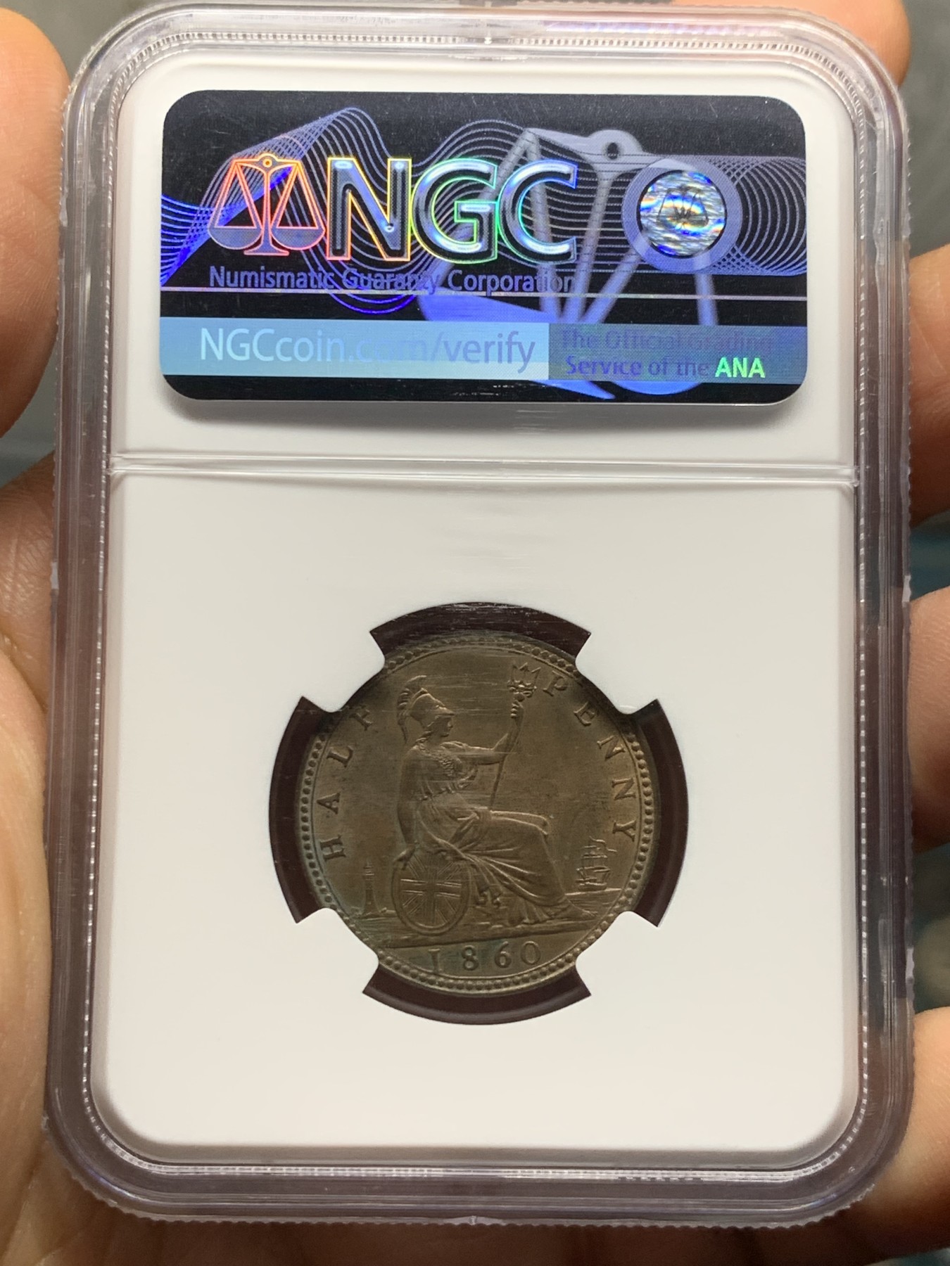 《竞宝斋》第235场-周日，周一，周二，周三 疯狂4连拍 (全场包邮) NGC MS63BN 英国1860年小维1/2便士铜币 好状态高分数