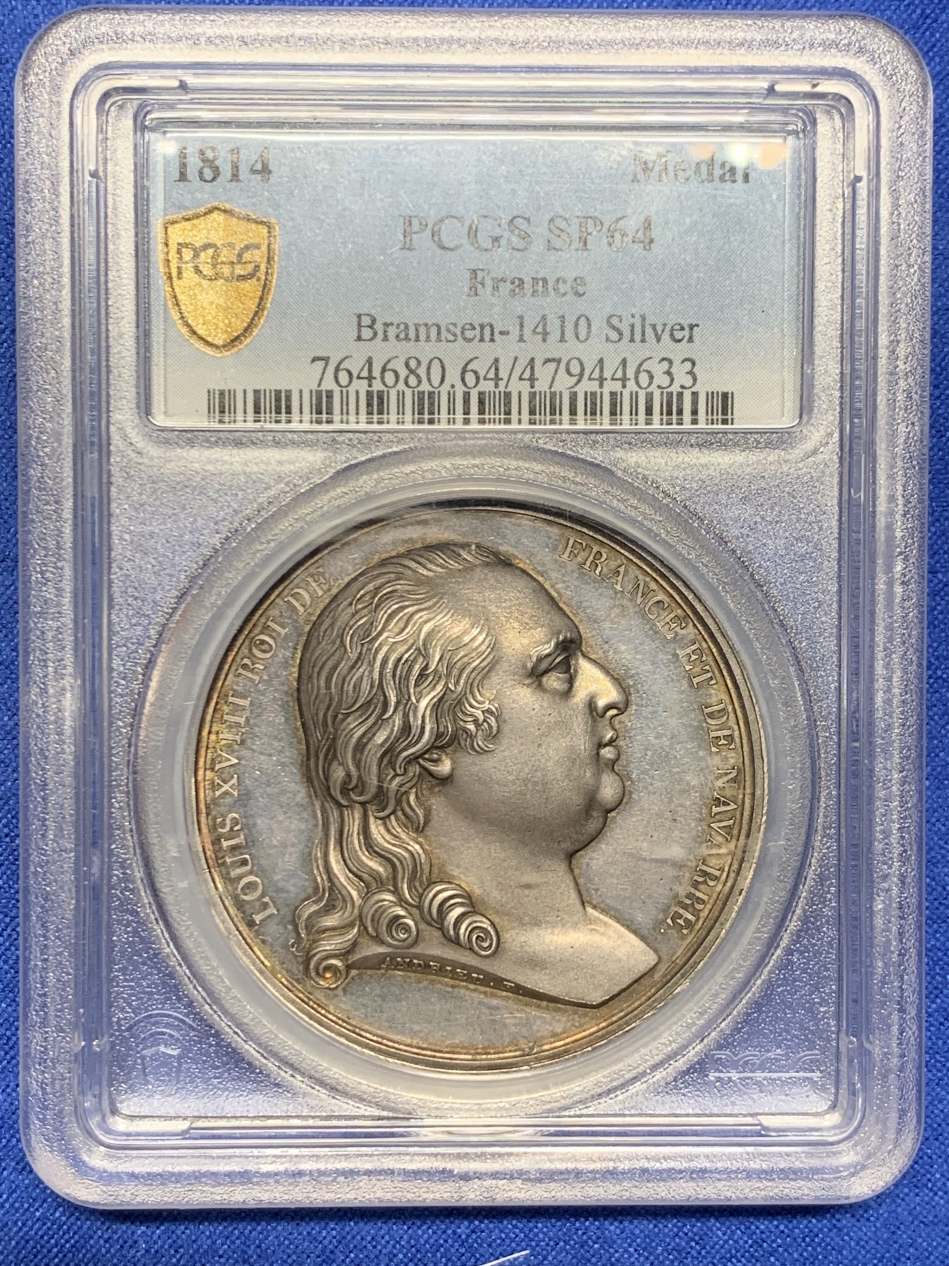 《竞宝斋》第235场-周日，周一，周二，周三 疯狂4连拍 (全场包邮) PCGS SP64 法国1814年拿破仑系列银章，王朝复辟，路易十八重返巴黎，高分镜面底板，艺术性极高，冠军分，广告章，稀少。