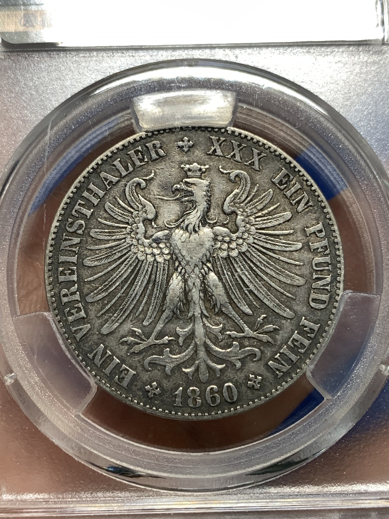 《竞宝斋》第235场-周日，周一，周二，周三 疯狂4连拍 (全场包邮) 爱藏 XF45 德国1860法兰克福少女1泰勒银币，正反面黑色包浆