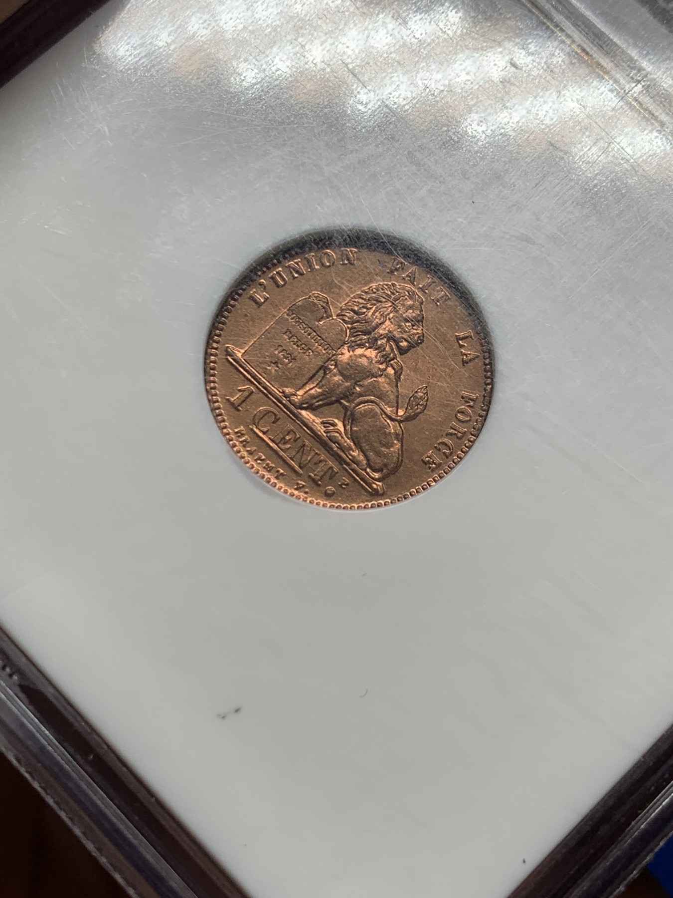 《竞宝斋》第235场-周日，周一，周二，周三 疯狂4连拍 (全场包邮) NGC MS65RD 比利时1912年经典狮子1分铜币 满铜光，精制小铜币一枚