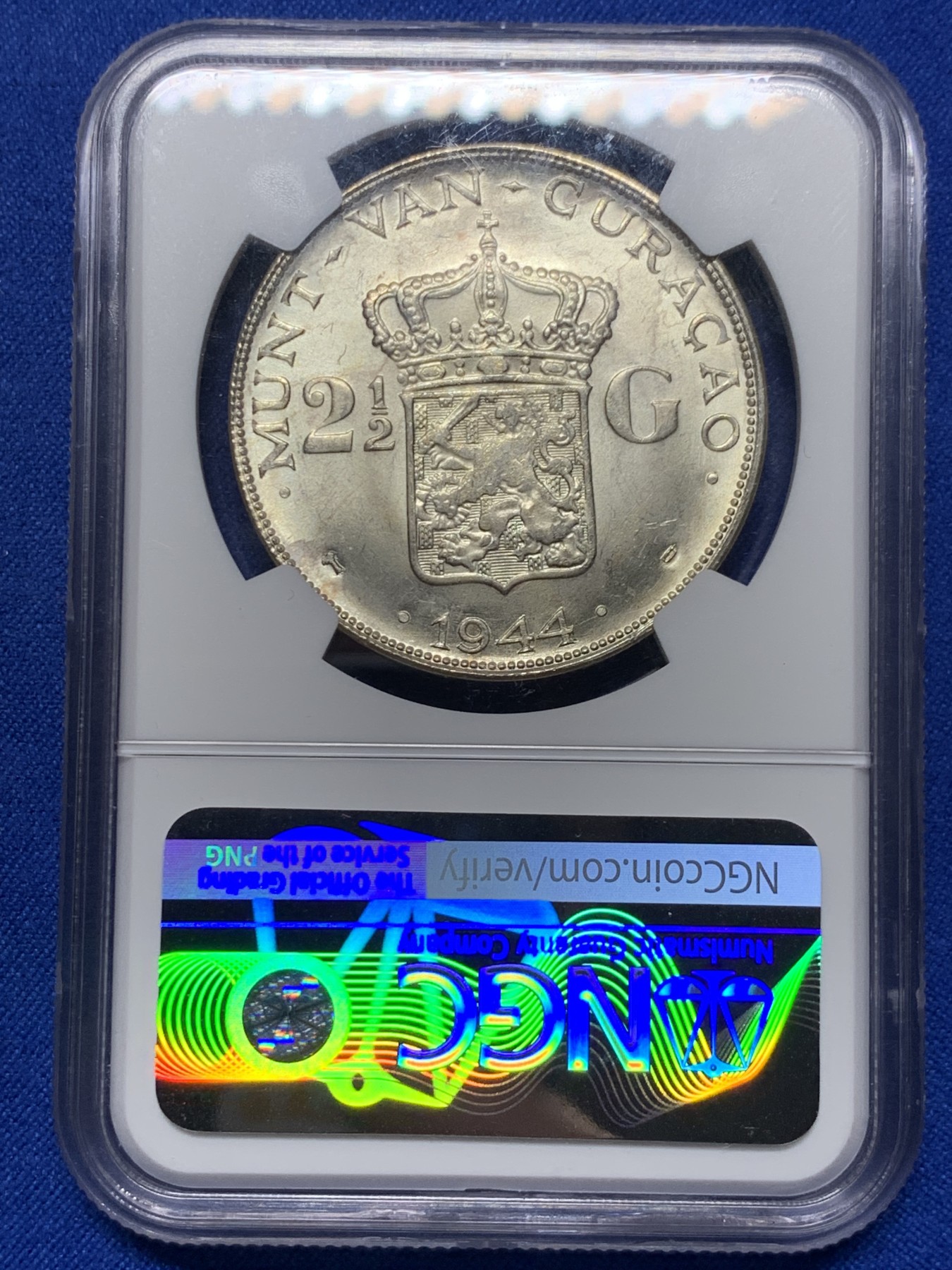 《竞宝斋》第235场-周日，周一，周二，周三 疯狂4连拍 (全场包邮) NGC MS62 原光荷属库拉索1944年威廉明娜2.5盾大银币