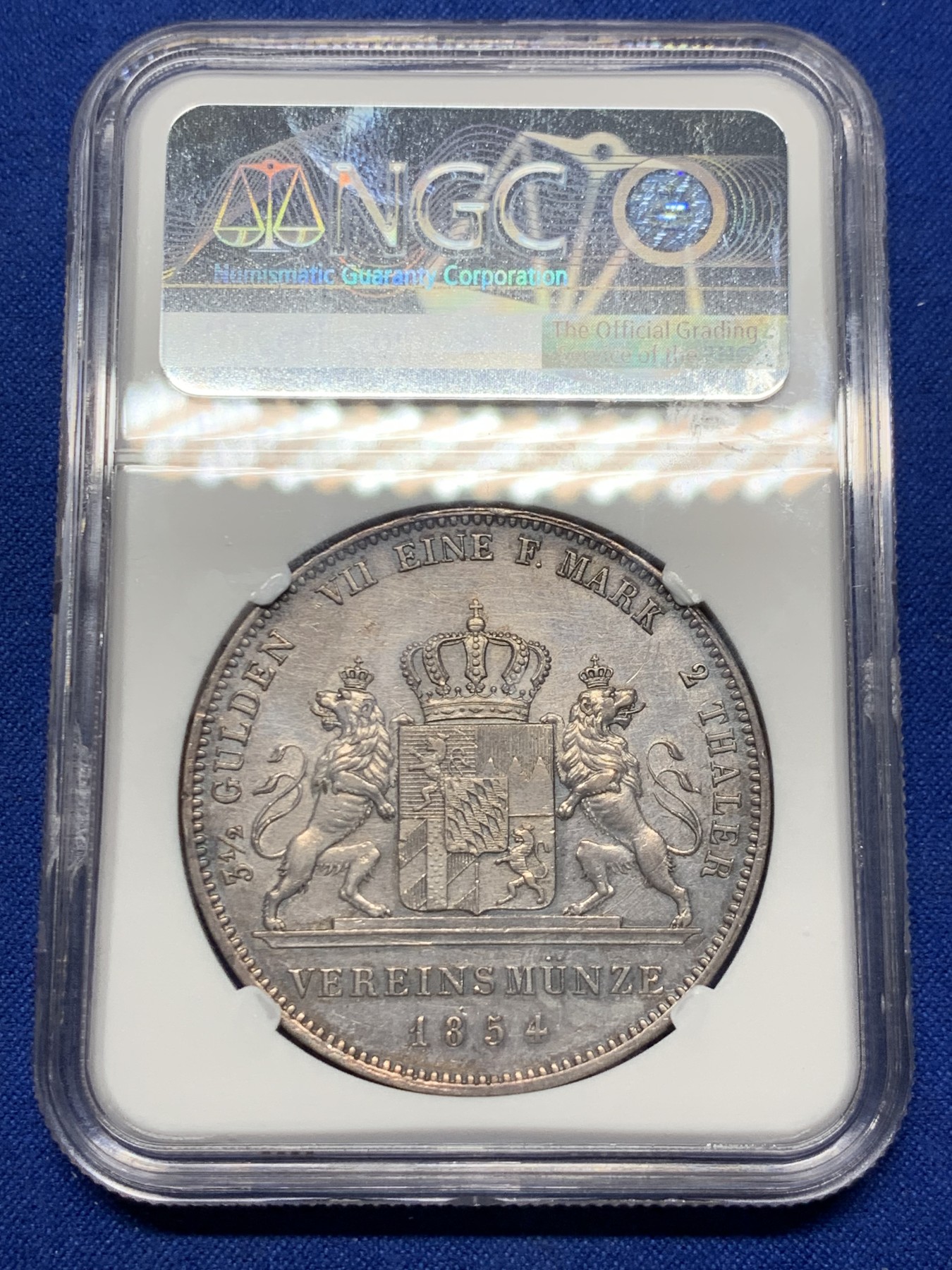 《竞宝斋》第235场-周日，周一，周二，周三 疯狂4连拍 (全场包邮) NGC AU 德国 1854 巴伐利亚马克西米利安二世 双狮纹章 2泰勒37克大银币 流通版好品