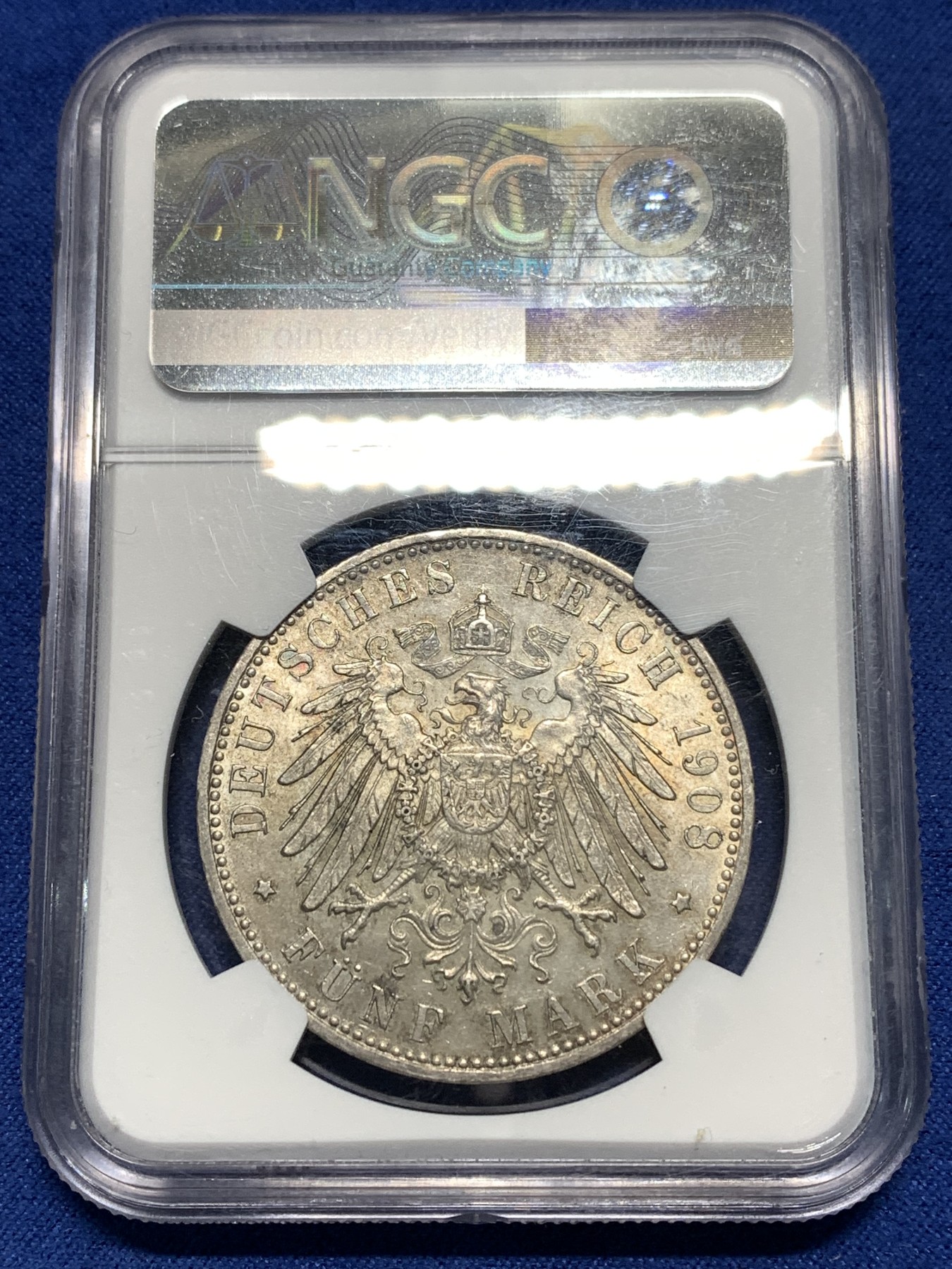 《竞宝斋》第235场-周日，周一，周二，周三 疯狂4连拍 (全场包邮) NGC AU58 德国1908年D版巴伐利亚5马克银币，性价比高