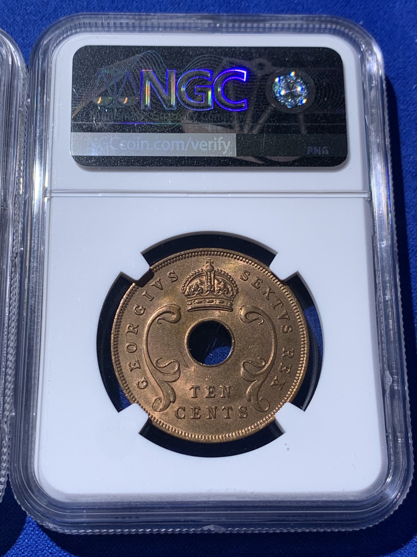 《竞宝斋》第235场-周日，周一，周二，周三 疯狂4连拍 (全场包邮) 3枚一组 NGC  MS63RB 1952年英属东非1、5、10分铜币 清版三枚套 品相都不错