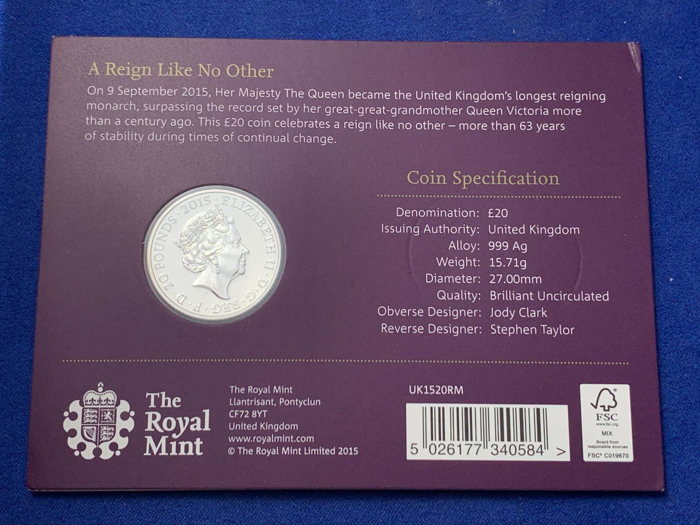 《竞宝斋》第235场-周日，周一，周二，周三 疯狂4连拍 (全场包邮) 英国 2015年 20英镑 伊丽莎白二世在位时间最长君主纪念 银币