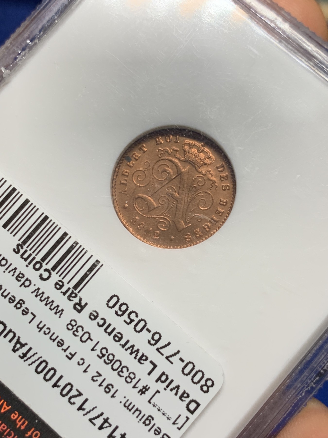 《竞宝斋》第235场-周日，周一，周二，周三 疯狂4连拍 (全场包邮) NGC MS65RD 比利时1912年经典狮子1分铜币 满铜光，精制小铜币一枚