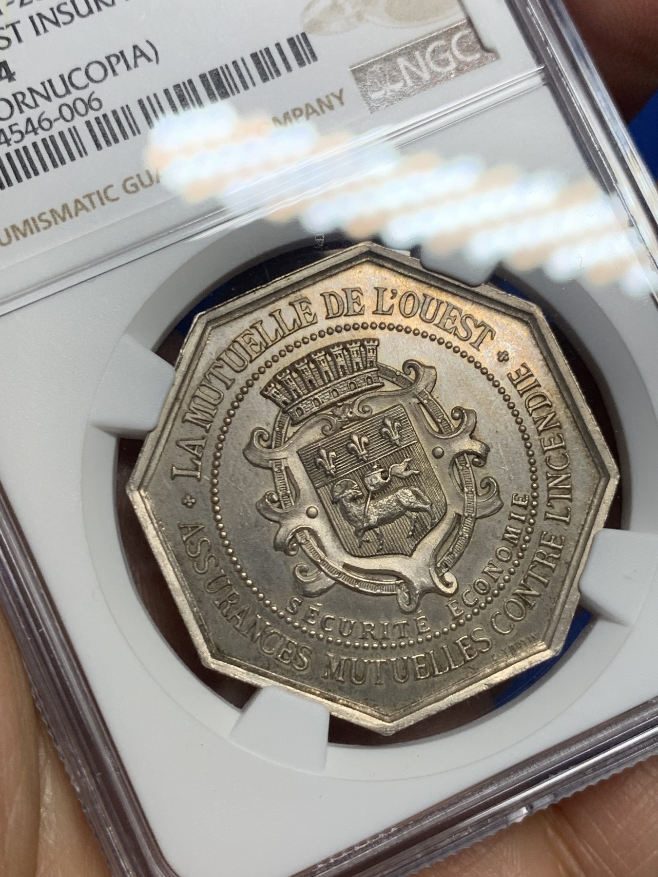《竞宝斋》第237场- 周日，周一，周二，周日 疯狂4连拍 (全场包邮) NGC-MS64 法国鲁昂火灾互助保险公司八角银质代币，大规格