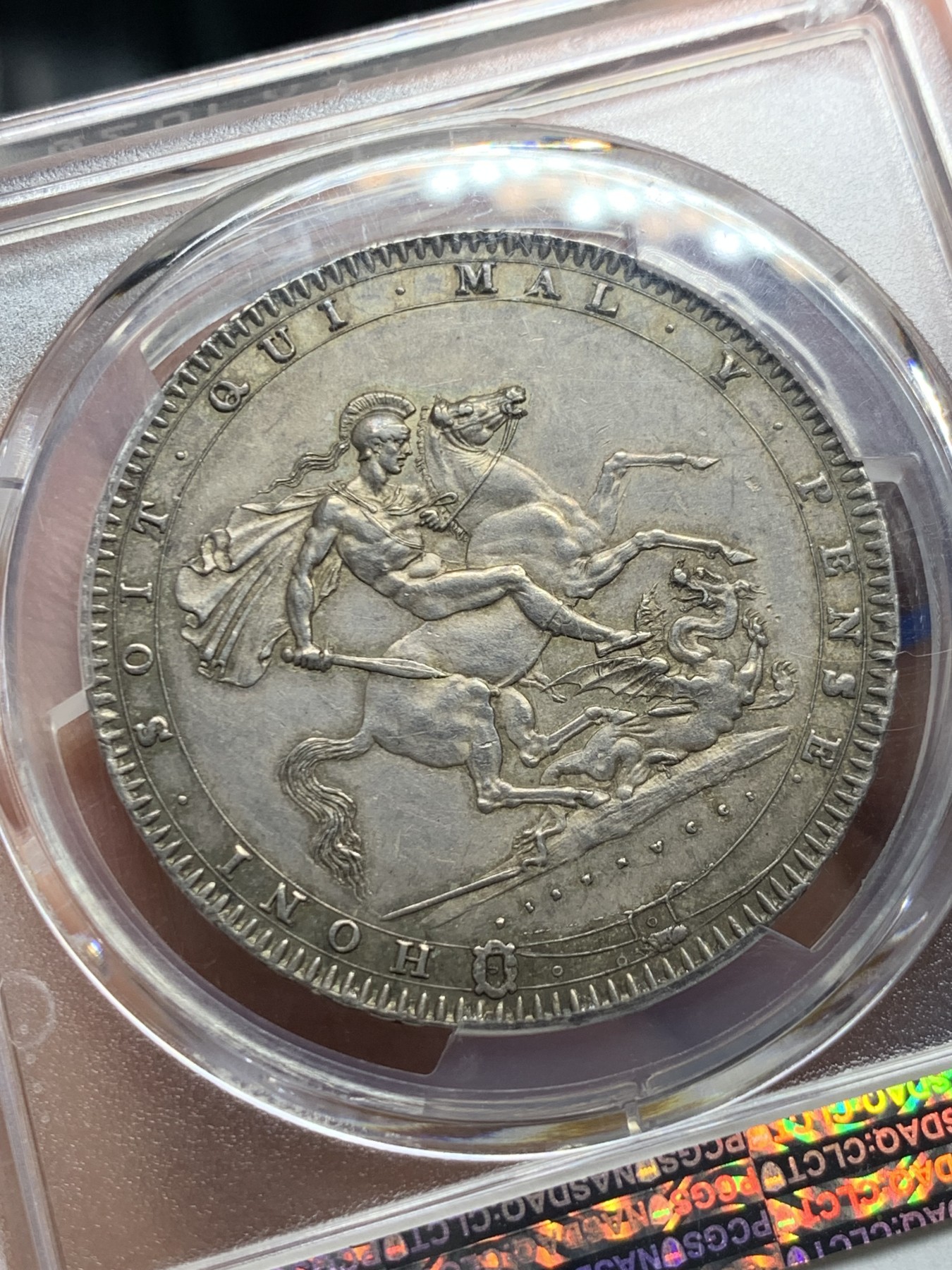 《竞宝斋》第235场-周日，周一，周二，周三 疯狂4连拍 (全场包邮) PCGS-AU58  英国 1820年 1克朗 乔三马剑 银币