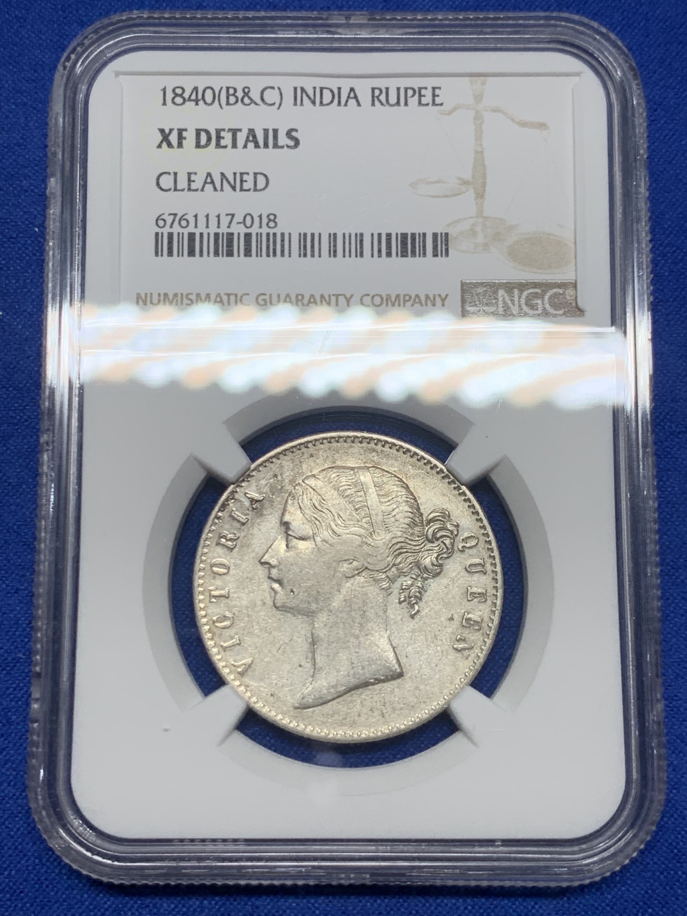 《竞宝斋》第235场-周日，周一，周二，周三 疯狂4连拍 (全场包邮) NGC XFD 英属印度1840年维多利亚女王双辫版1卢比银币