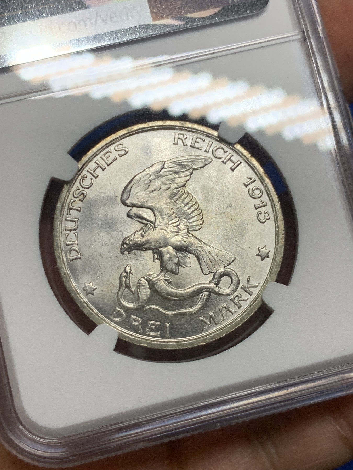 《竞宝斋》第235场-周日，周一，周二，周三 疯狂4连拍 (全场包邮) NGC-MS63 德国 普鲁士 1913年 普法战争胜利3马克银币