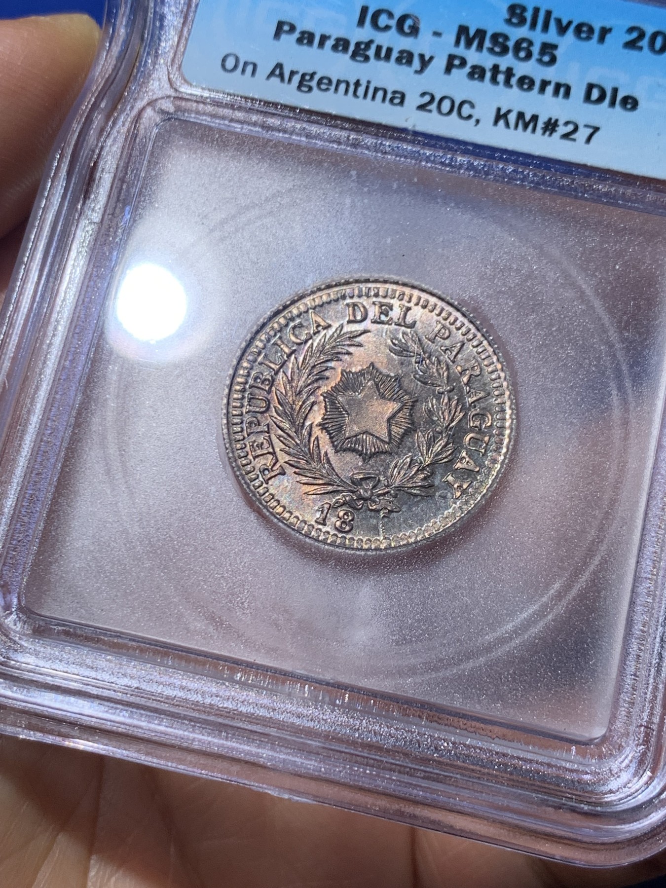 《竞宝斋》第235场-周日，周一，周二，周三 疯狂4连拍 (全场包邮) ICG-MS65 巴拉圭 18xx年 20分 银币 原光五彩状态好