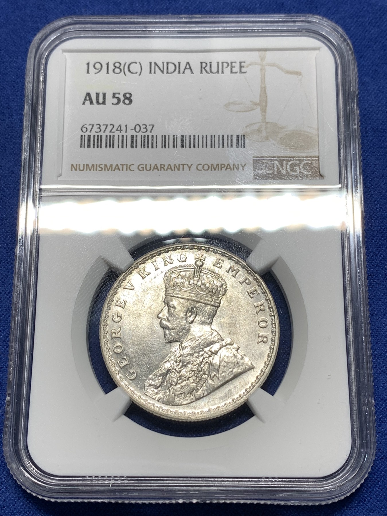 《竞宝斋》第235场-周日，周一，周二，周三 疯狂4连拍 (全场包邮) NGC AU58 英属印度 1918年 C版 乔五 1卢比银币