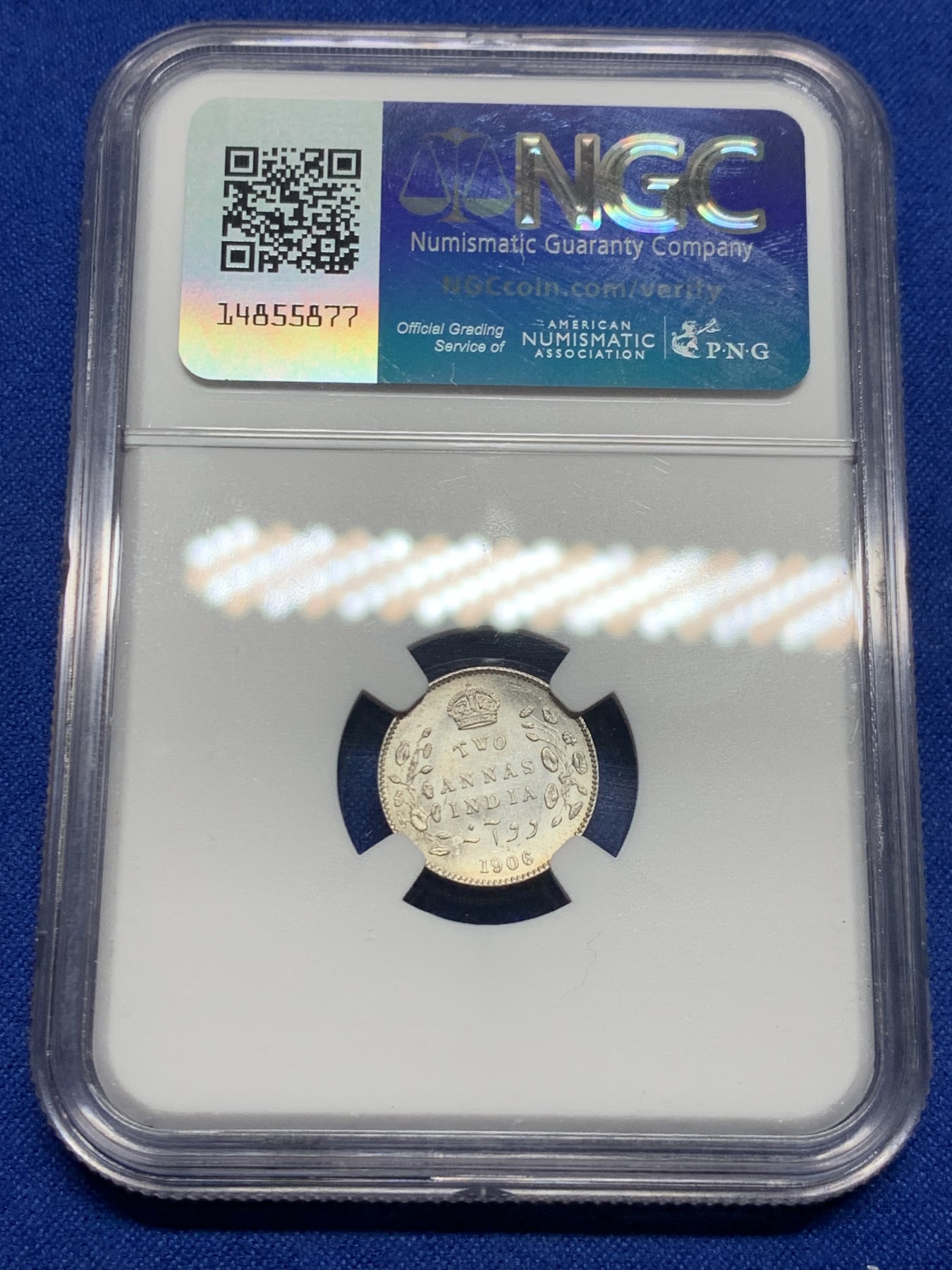 《竞宝斋》第235场-周日，周一，周二，周三 疯狂4连拍 (全场包邮) NGC MS62 1906年C版 英属印度 爱七 2安娜 银币 原卷拆评级