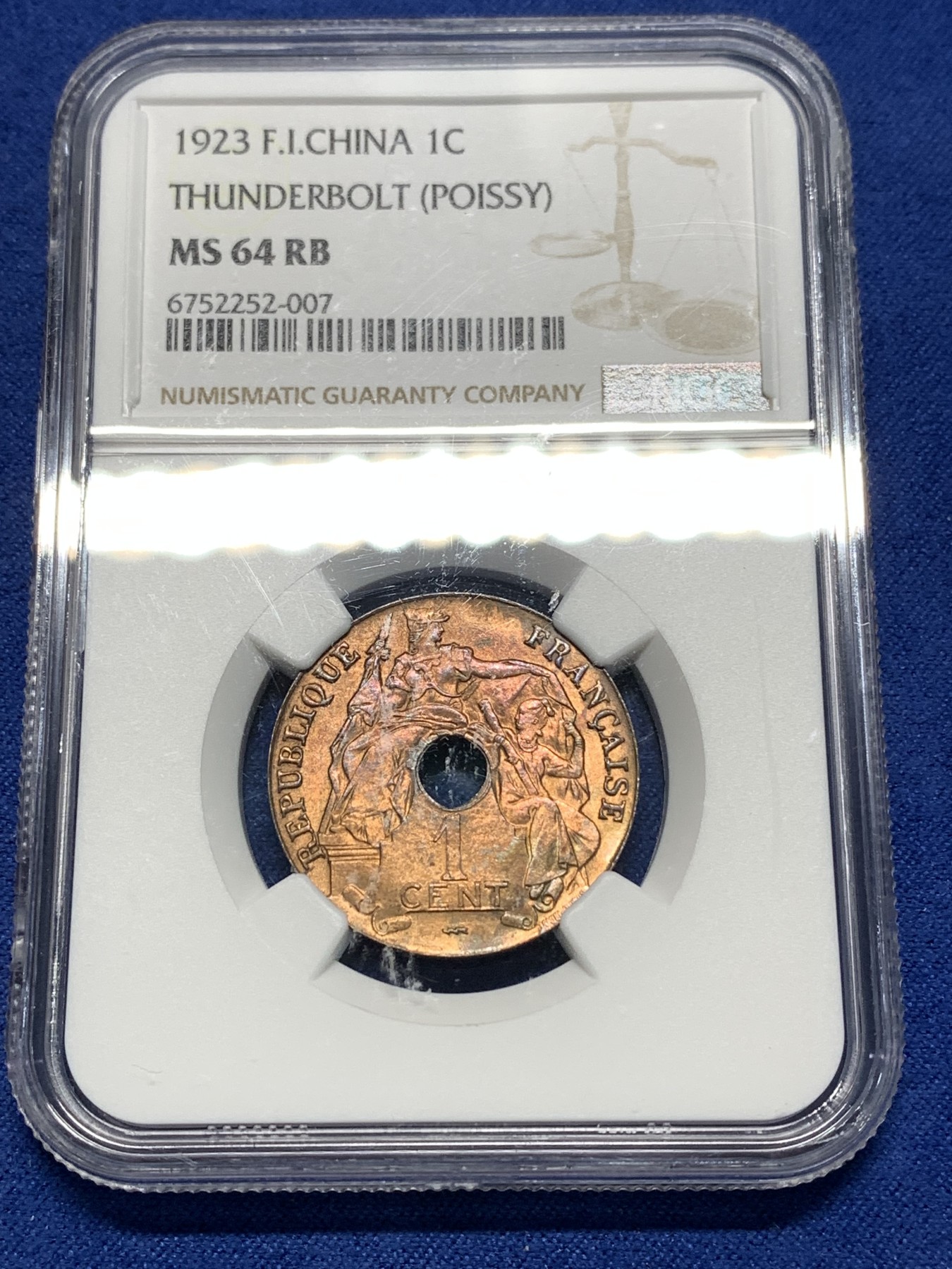 《竞宝斋》第235场-周日，周一，周二，周三 疯狂4连拍 (全场包邮) NGC-MS64RB 法属印支1923年百分之一铜币THUNDERBOLT版