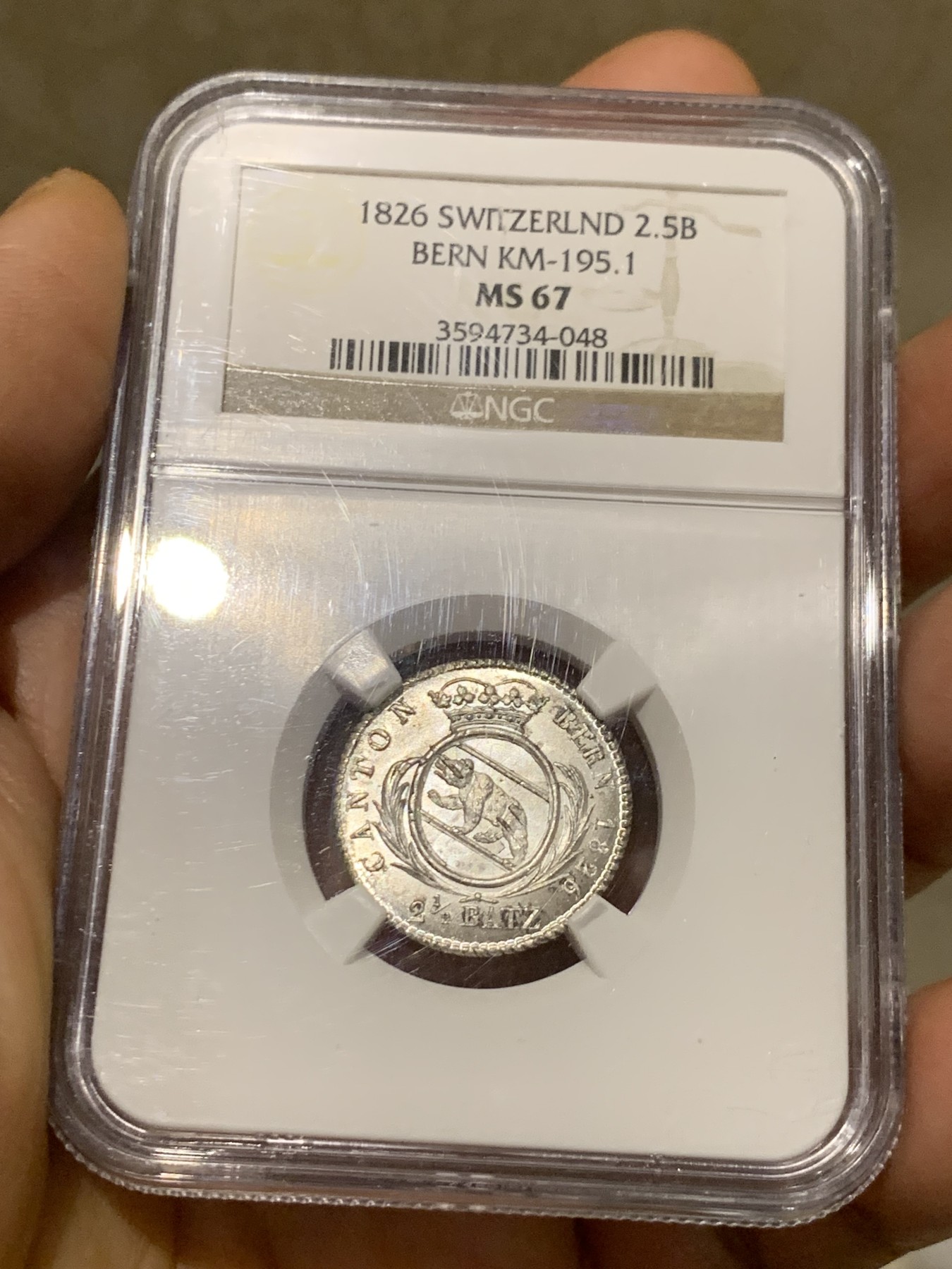 《竞宝斋》第235场-周日，周一，周二，周三 疯狂4连拍 (全场包邮) NGC-MS67 1826年瑞士伯尔尼2.5巴增 顶级高分，历经近200年依然银光闪闪，正面伯尔尼盾徽的小熊很可爱