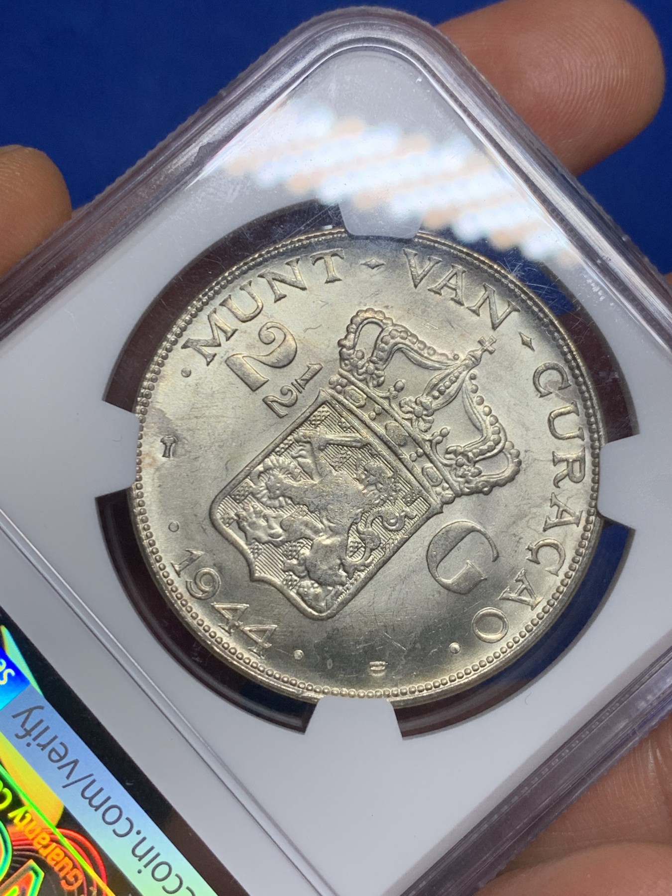 《竞宝斋》第235场-周日，周一，周二，周三 疯狂4连拍 (全场包邮) NGC MS62 原光荷属库拉索1944年威廉明娜2.5盾大银币