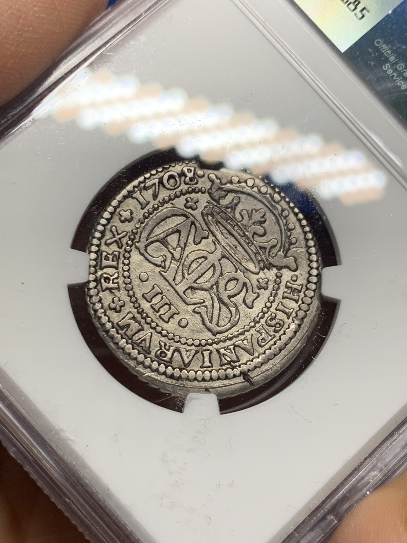 《竞宝斋》第235场-周日，周一，周二，周三 疯狂4连拍 (全场包邮) NGC-AU 西班牙 巴塞罗那 1708/7年 卡洛斯三世 2里亚尔 银币 西班牙王位纷争时期由卡洛斯三世【也就是之后的神罗皇帝查理六世】发行 少见