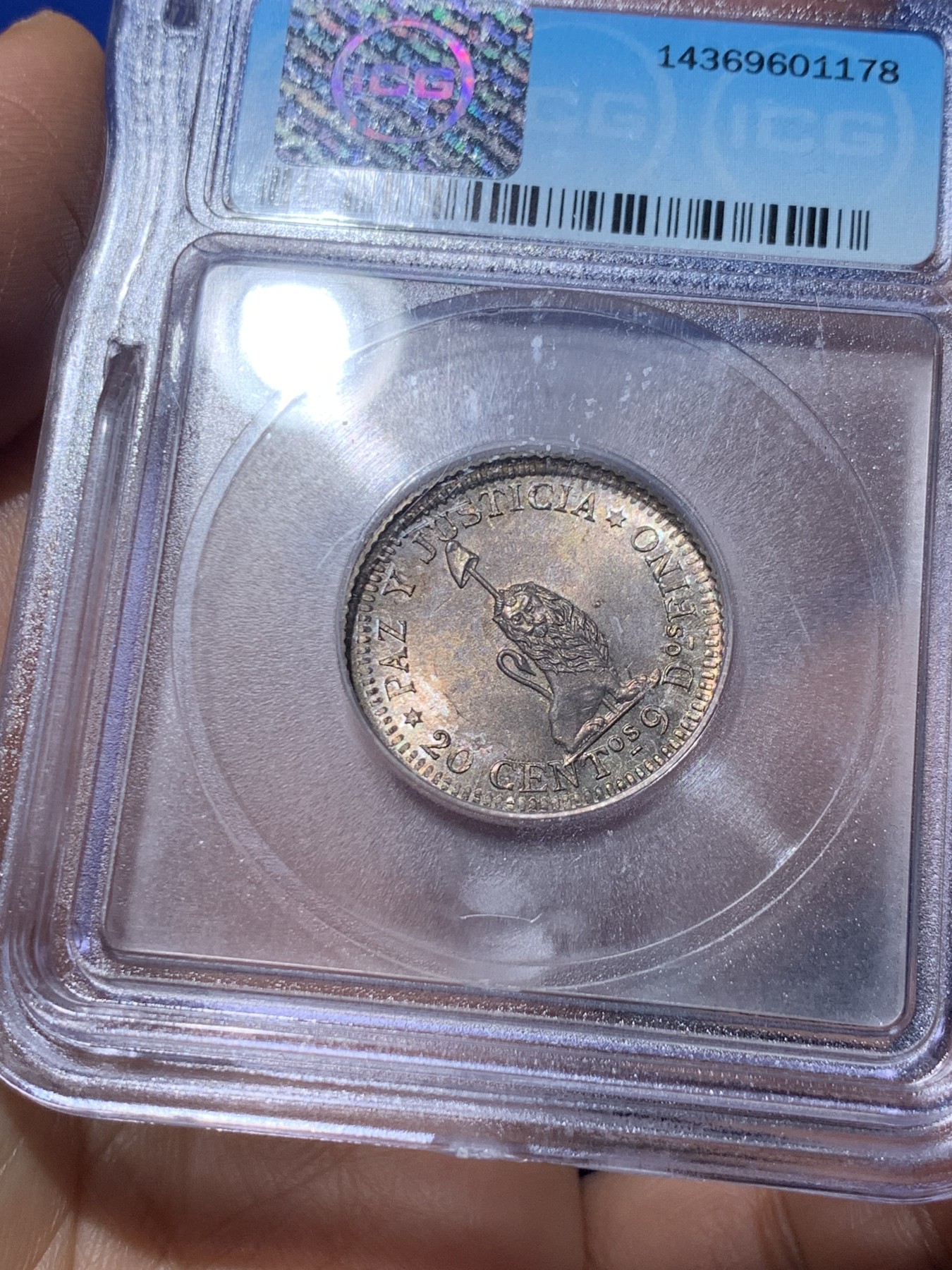 《竞宝斋》第235场-周日，周一，周二，周三 疯狂4连拍 (全场包邮) ICG-MS65 巴拉圭 18xx年 20分 银币 原光五彩状态好