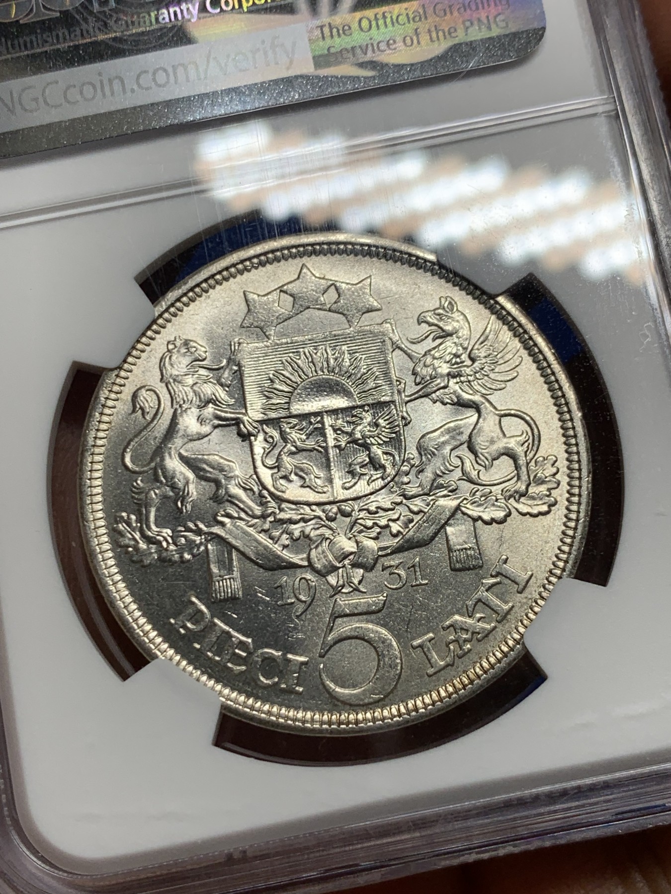 《竞宝斋》第235场-周日，周一，周二，周三 疯狂4连拍 (全场包邮) NGC-MS62 拉脱维亚1931年谷物女神5拉特纪念银币 光度非常好 感觉低评