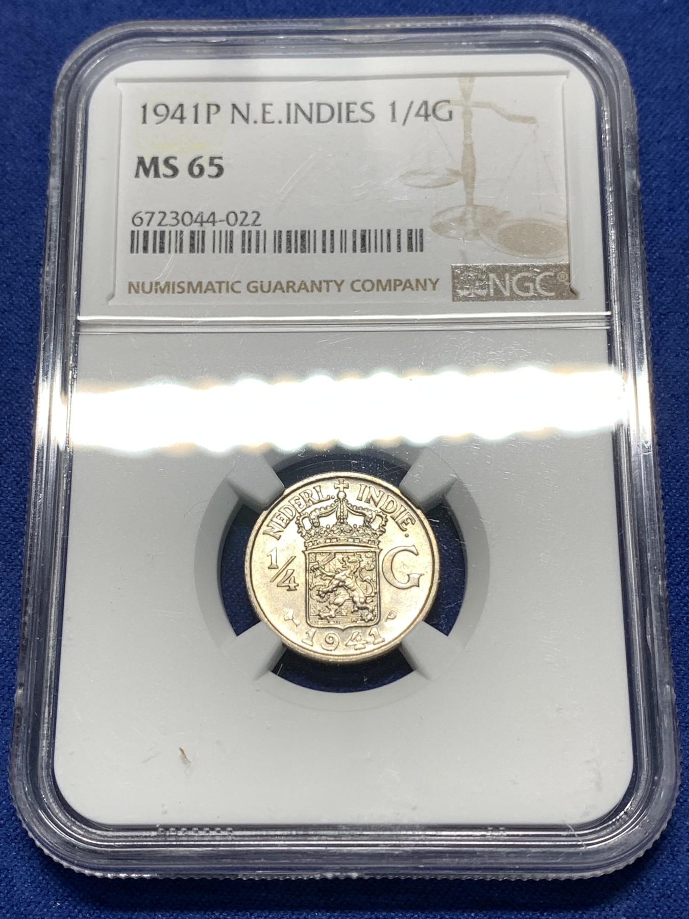 《竞宝斋》第235场-周日，周一，周二，周三 疯狂4连拍 (全场包邮) NGC MS65 1941年 荷属东印度群岛（今印尼）1/4盾 银币 原卷拆评级