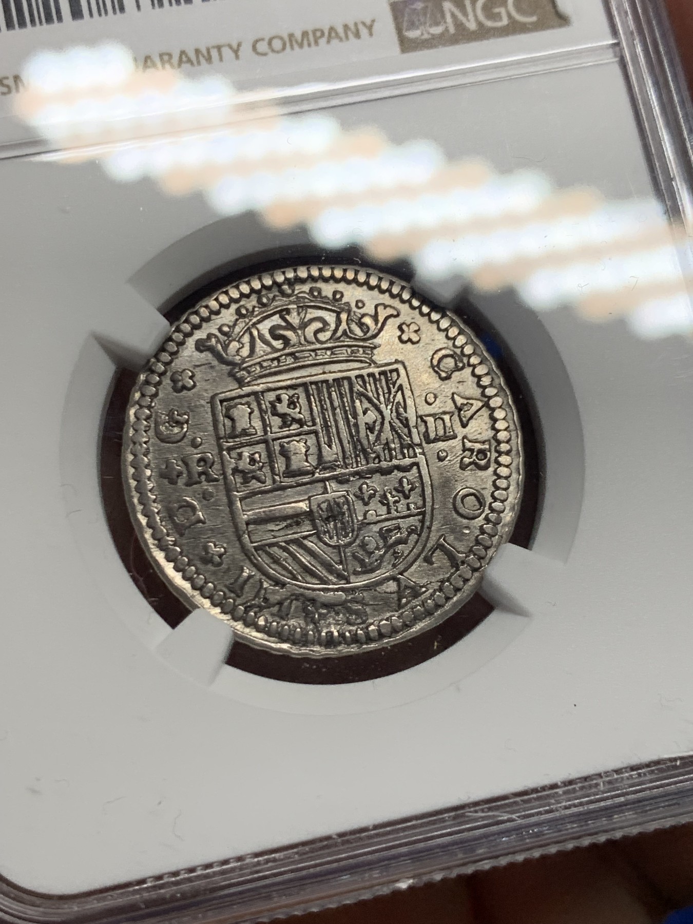 《竞宝斋》第235场-周日，周一，周二，周三 疯狂4连拍 (全场包邮) NGC-AU 西班牙 巴塞罗那 1708/7年 卡洛斯三世 2里亚尔 银币 西班牙王位纷争时期由卡洛斯三世【也就是之后的神罗皇帝查理六世】发行 少见