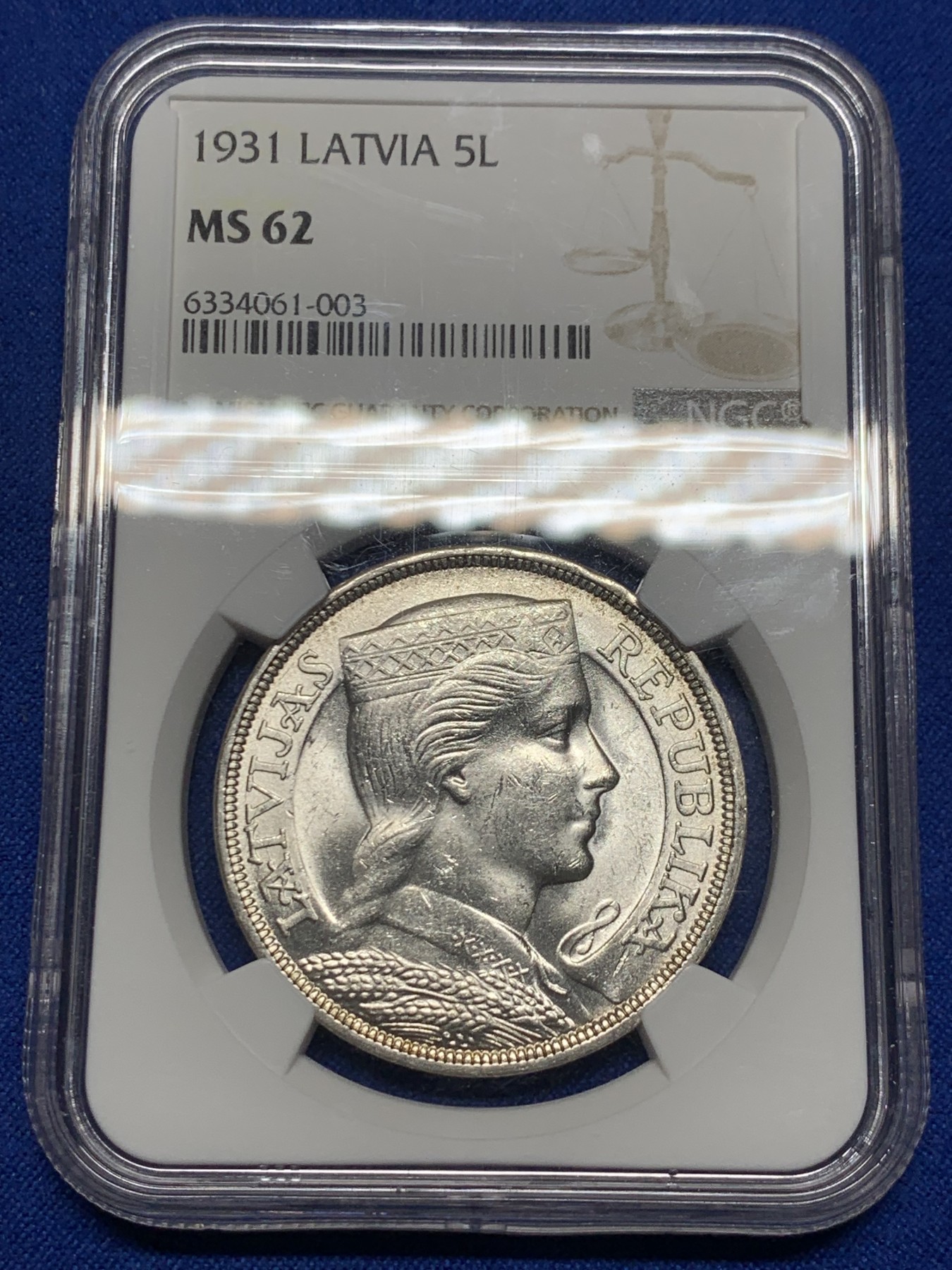 《竞宝斋》第235场-周日，周一，周二，周三 疯狂4连拍 (全场包邮) NGC-MS62 拉脱维亚1931年谷物女神5拉特纪念银币 光度非常好 感觉低评