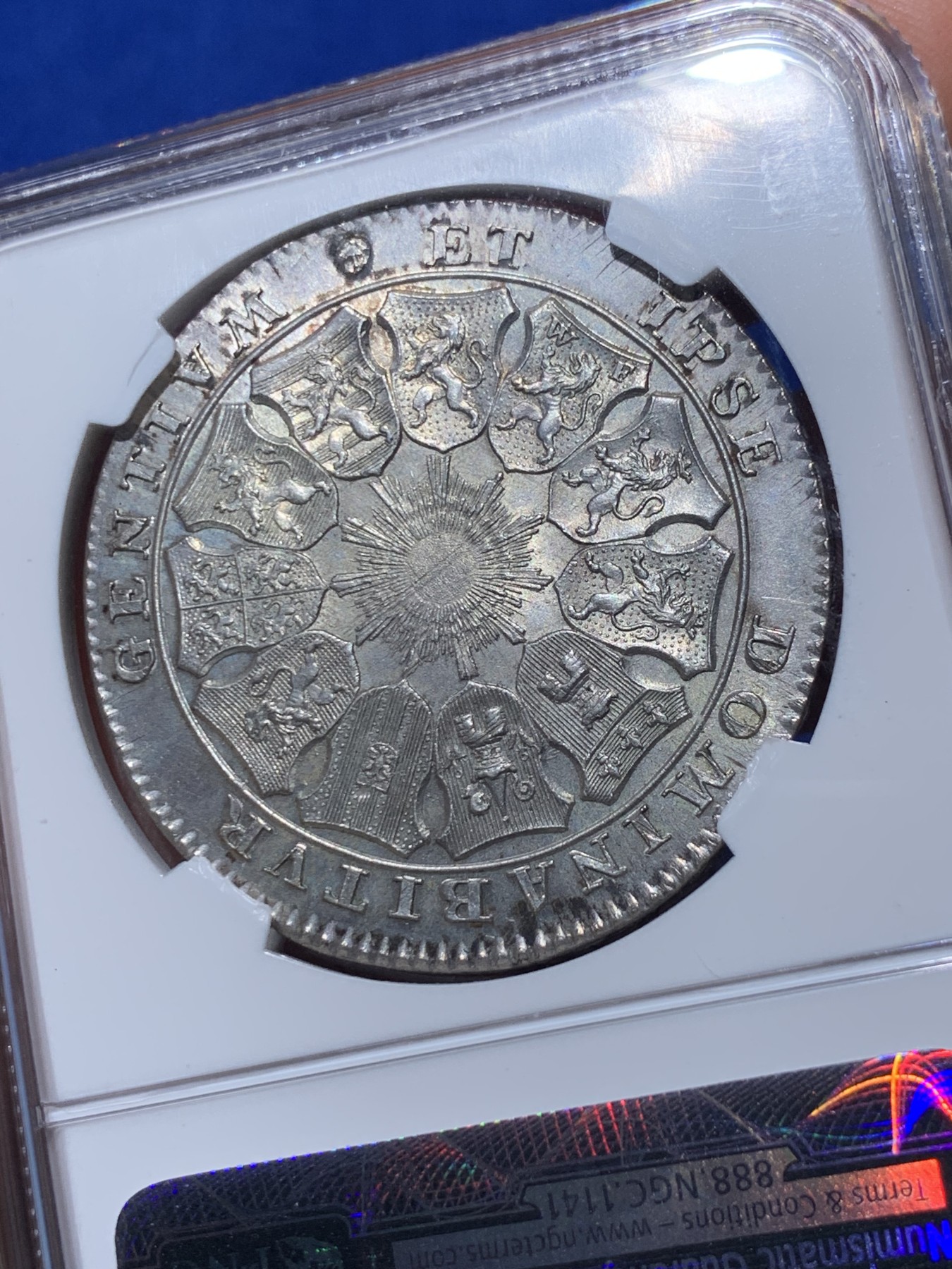 《竞宝斋》第235场-周日，周一，周二，周三 疯狂4连拍 (全场包邮) NGC MS63 奥属尼德兰 1790 比利时合众国（只存在了11个月） 第一次起义时期铸造 3弗洛林大银币 32.67克 状态近乎完美 63分中的战斗机