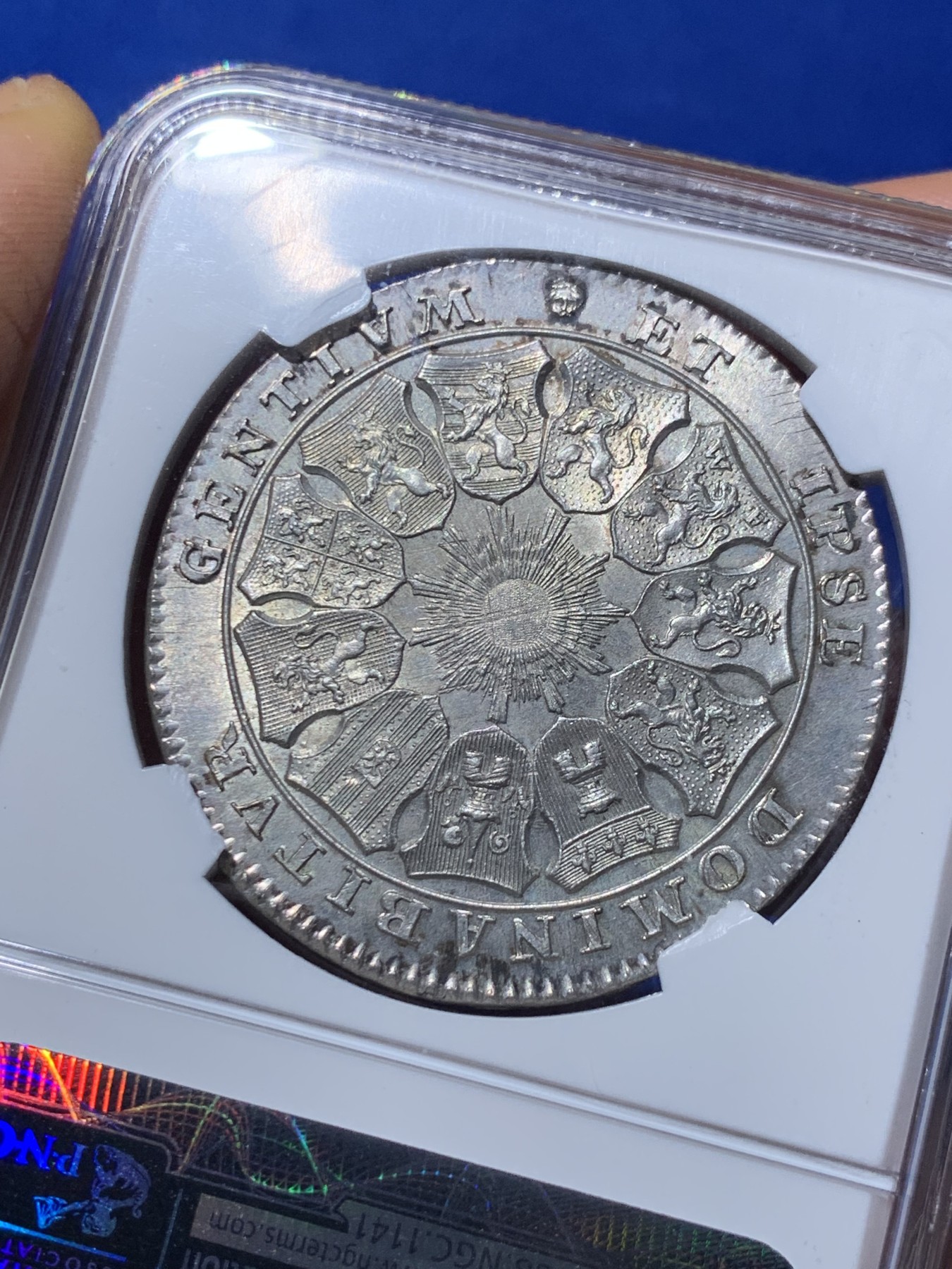 《竞宝斋》第235场-周日，周一，周二，周三 疯狂4连拍 (全场包邮) NGC MS63 奥属尼德兰 1790 比利时合众国（只存在了11个月） 第一次起义时期铸造 3弗洛林大银币 32.67克 状态近乎完美 63分中的战斗机