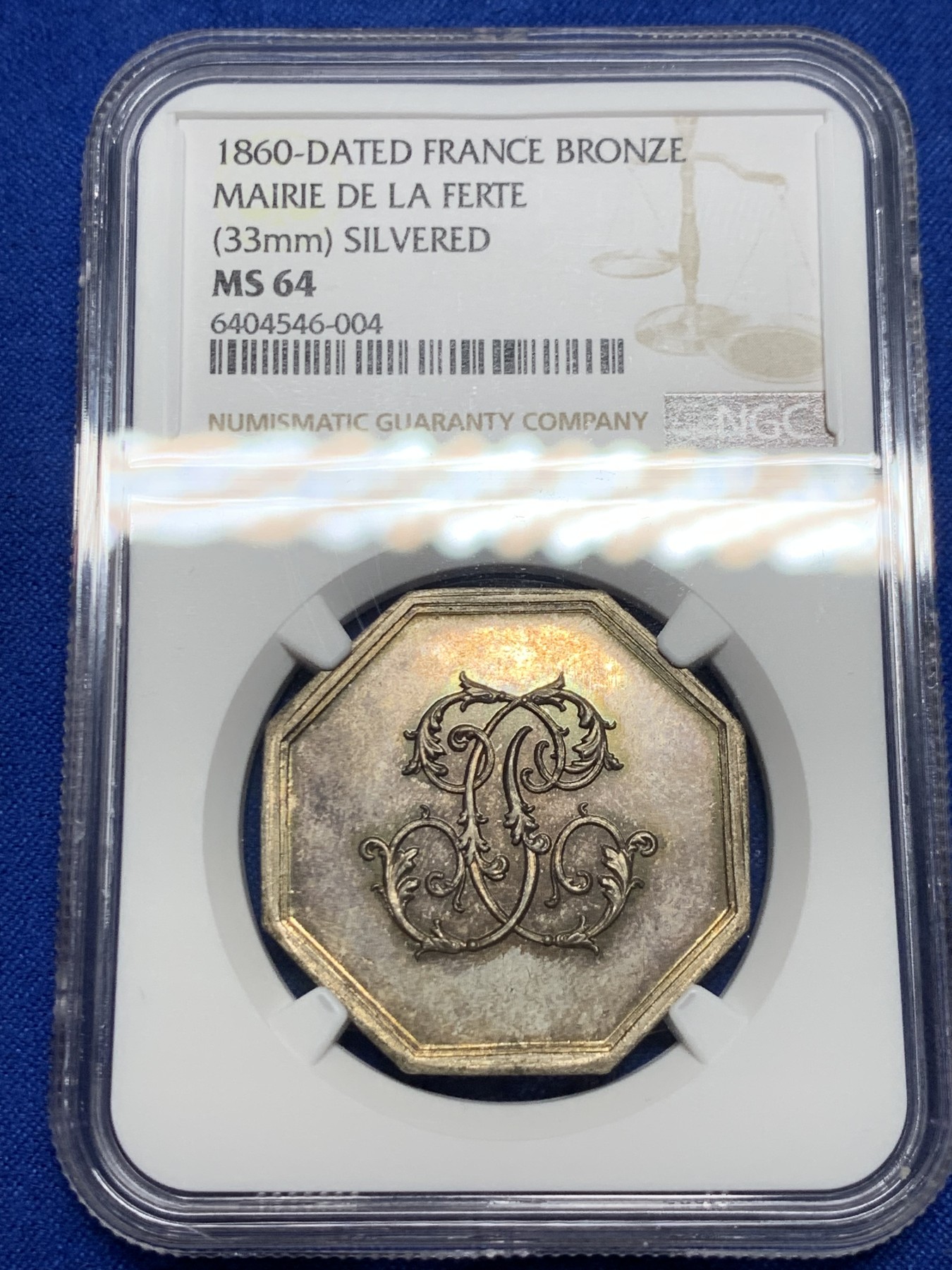 《竞宝斋》第237场- 周日，周一，周二，周日 疯狂4连拍 (全场包邮) NGC-MS64 法国圣欧班堡市政厅八角镀银铜质代币，以“CP”组成的花体字，金色包浆状态极好