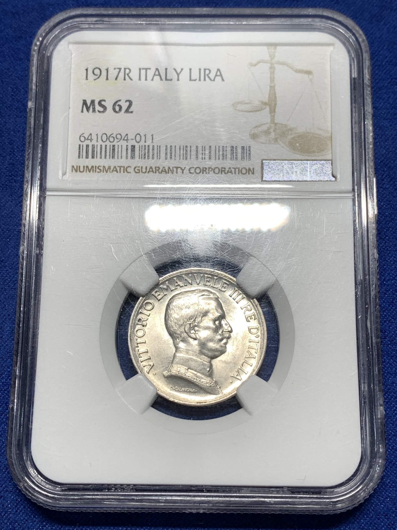 《竞宝斋》第235场-周日，周一，周二，周三 疯狂4连拍 (全场包邮) NGC-MS62 意大利 1917年 马车1里拉银币 带转光有点低评了