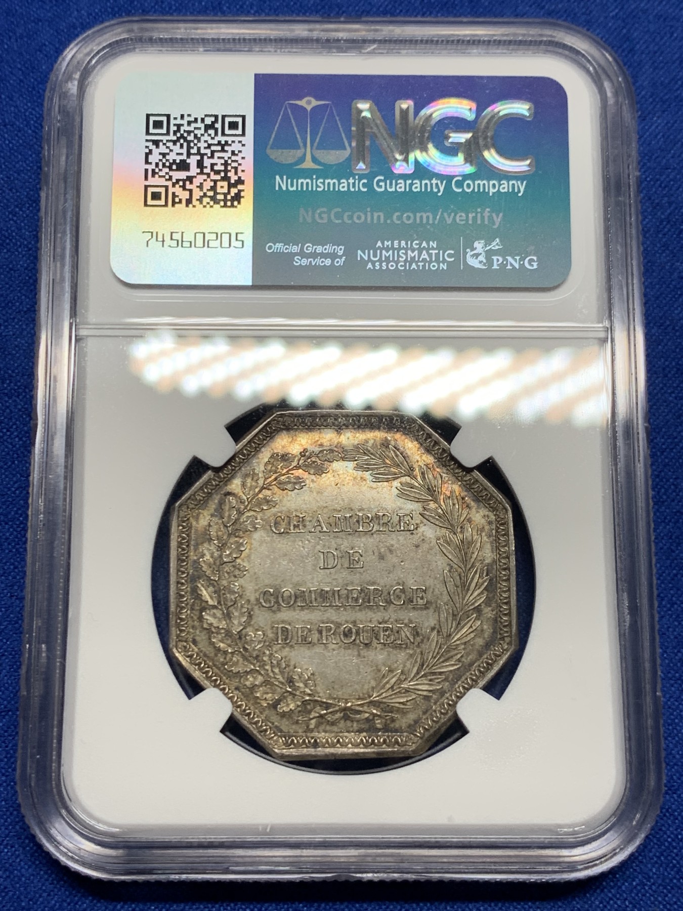 《竞宝斋》第237场- 周日，周一，周二，周日 疯狂4连拍 (全场包邮) NGC-MS64 法国鲁昂商会八角银质代币，鲁昂城上飞天的墨丘利福泽全城