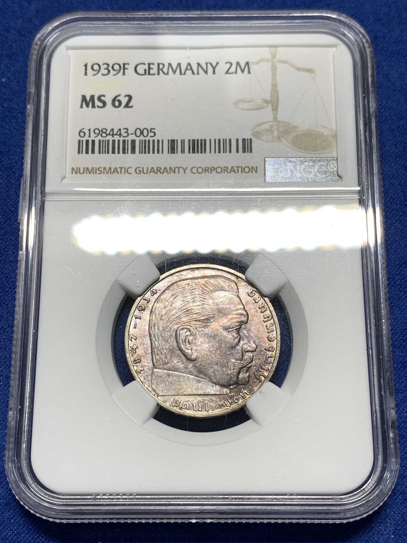 《竞宝斋》第235场-周日，周一，周二，周三 疯狂4连拍 (全场包邮) NGC MS62 德国1939年F版兴登堡2马克银币 淡紫色包浆