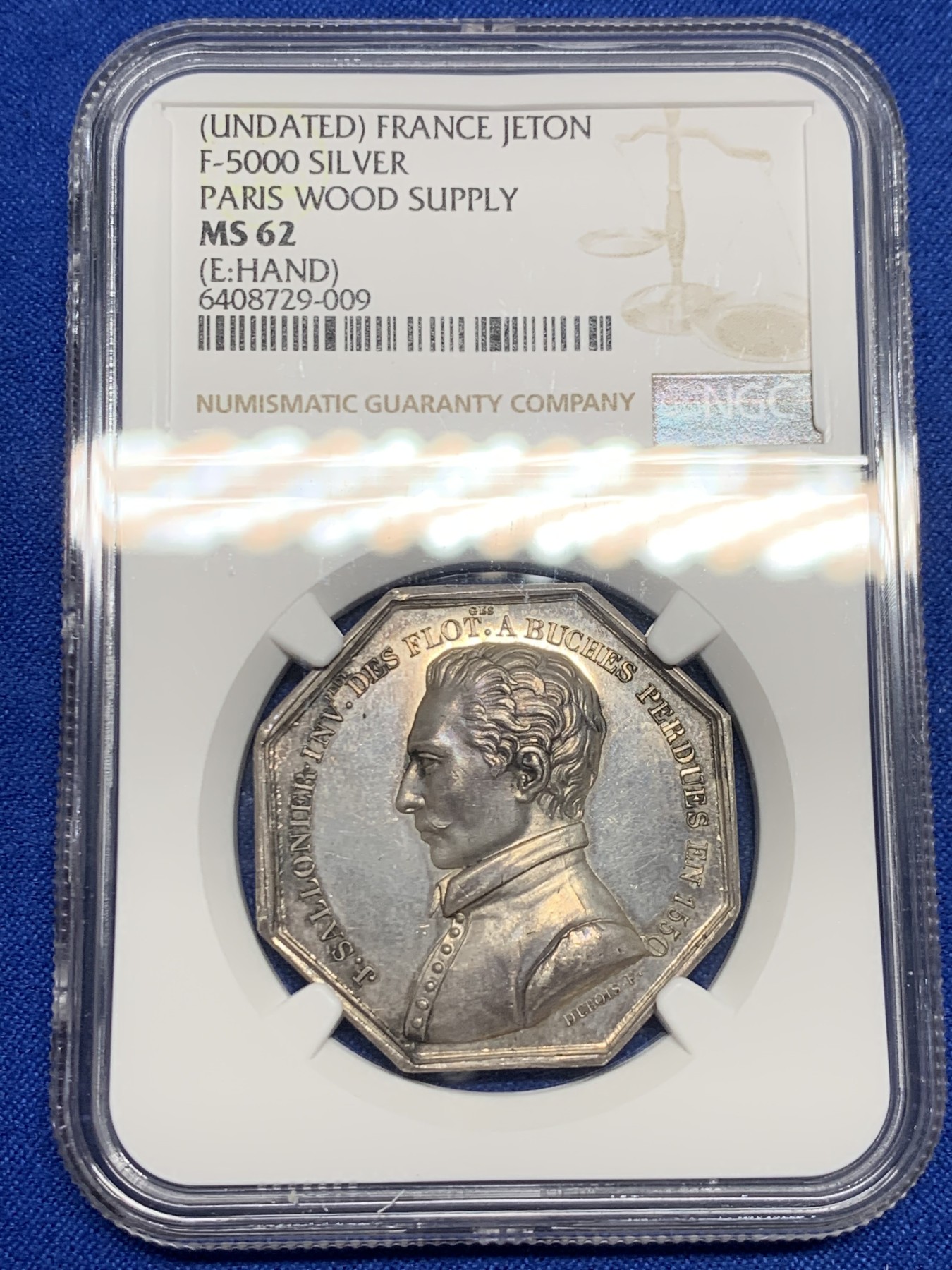 《竞宝斋》第237场- 周日，周一，周二，周日 疯狂4连拍 (全场包邮) NGC-MS62 法国八角银质代币，巴黎木材运输贸易公司