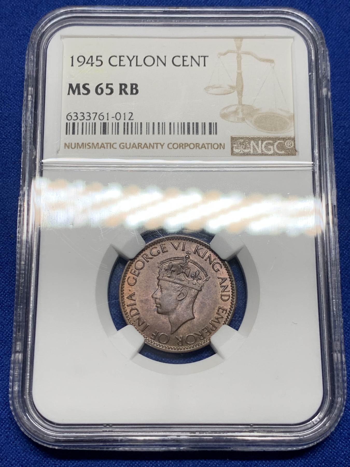 《竞宝斋》第235场-周日，周一，周二，周三 疯狂4连拍 (全场包邮) NGC  MS65RB 1945年英属锡兰1分铜币  亚军分，更高分还有一枚66