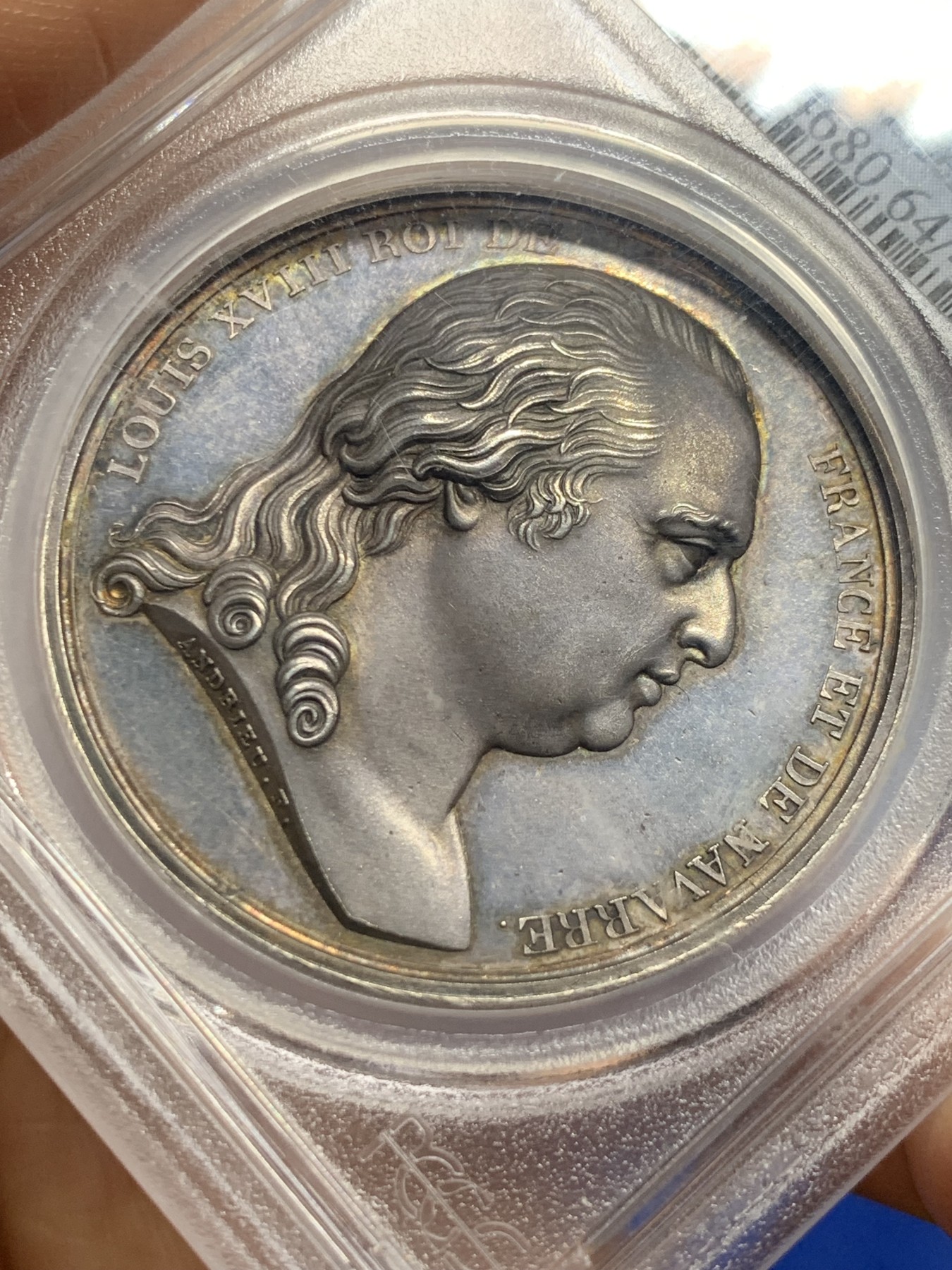 《竞宝斋》第235场-周日，周一，周二，周三 疯狂4连拍 (全场包邮) PCGS SP64 法国1814年拿破仑系列银章，王朝复辟，路易十八重返巴黎，高分镜面底板，艺术性极高，冠军分，广告章，稀少。