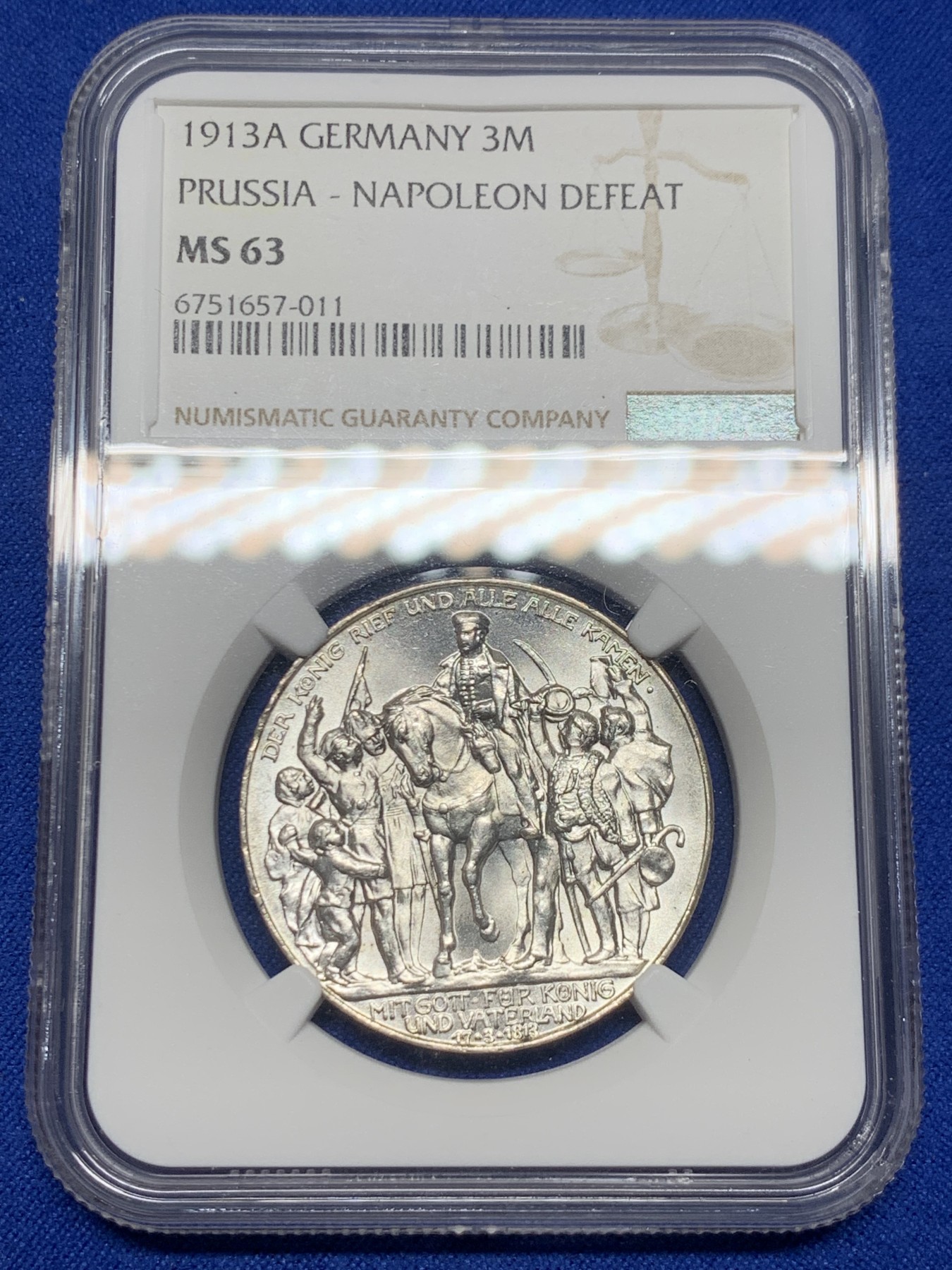 《竞宝斋》第235场-周日，周一，周二，周三 疯狂4连拍 (全场包邮) NGC-MS63 德国 普鲁士 1913年 普法战争胜利3马克银币