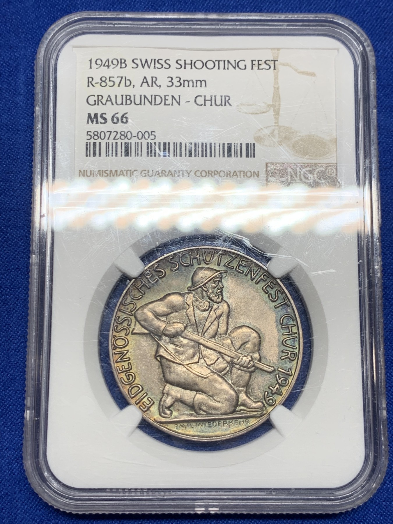 《竞宝斋》第237场- 周日，周一，周二，周日 疯狂4连拍 (全场包邮) NGC-MS66 瑞士 1949年格劳宾登射击节银章（发行量小于500枚，亚军分 ） 